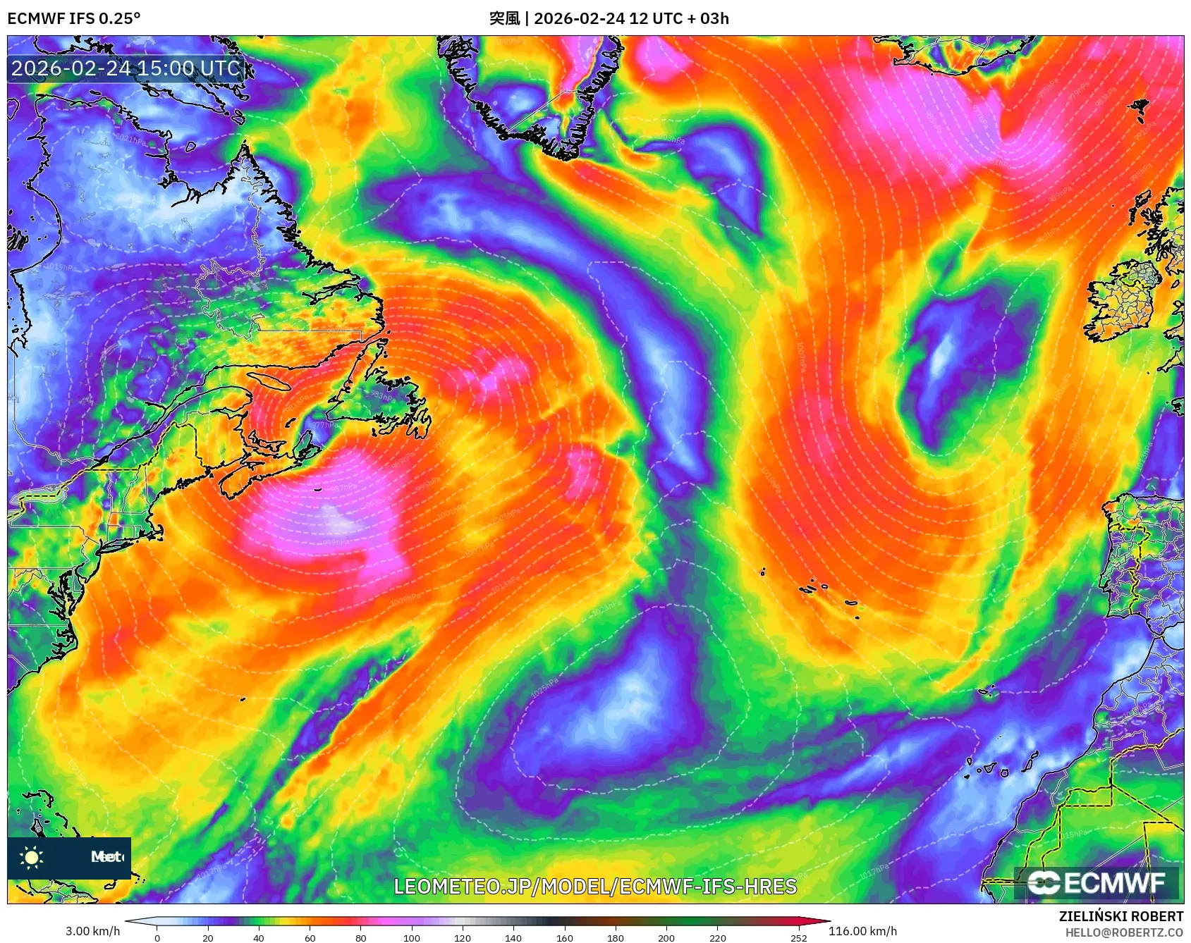 ECMWF IFS 0.25° model - 北大西洋, 突風