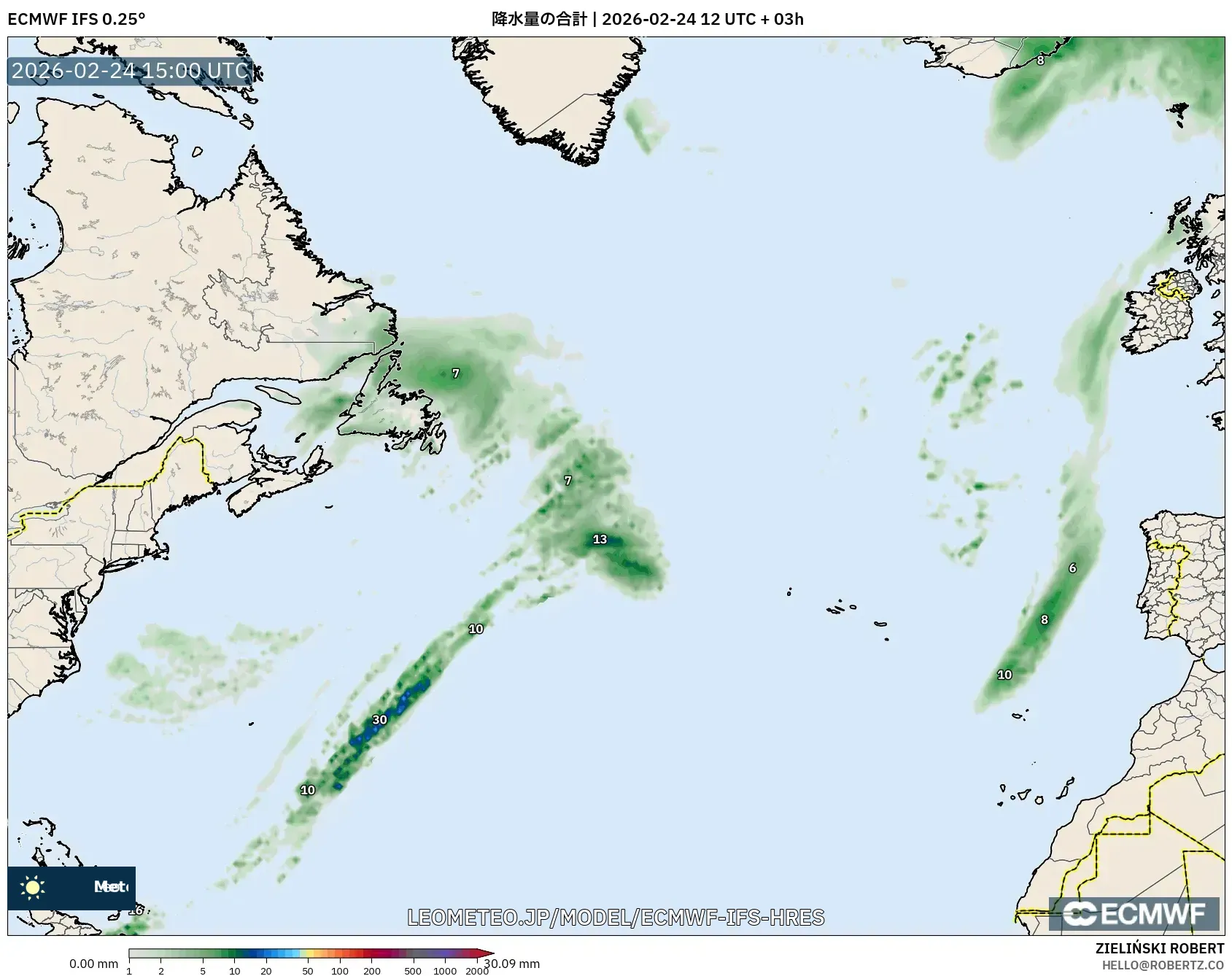 ECMWF IFS 0.25° model - 北大西洋, 降水量の合計