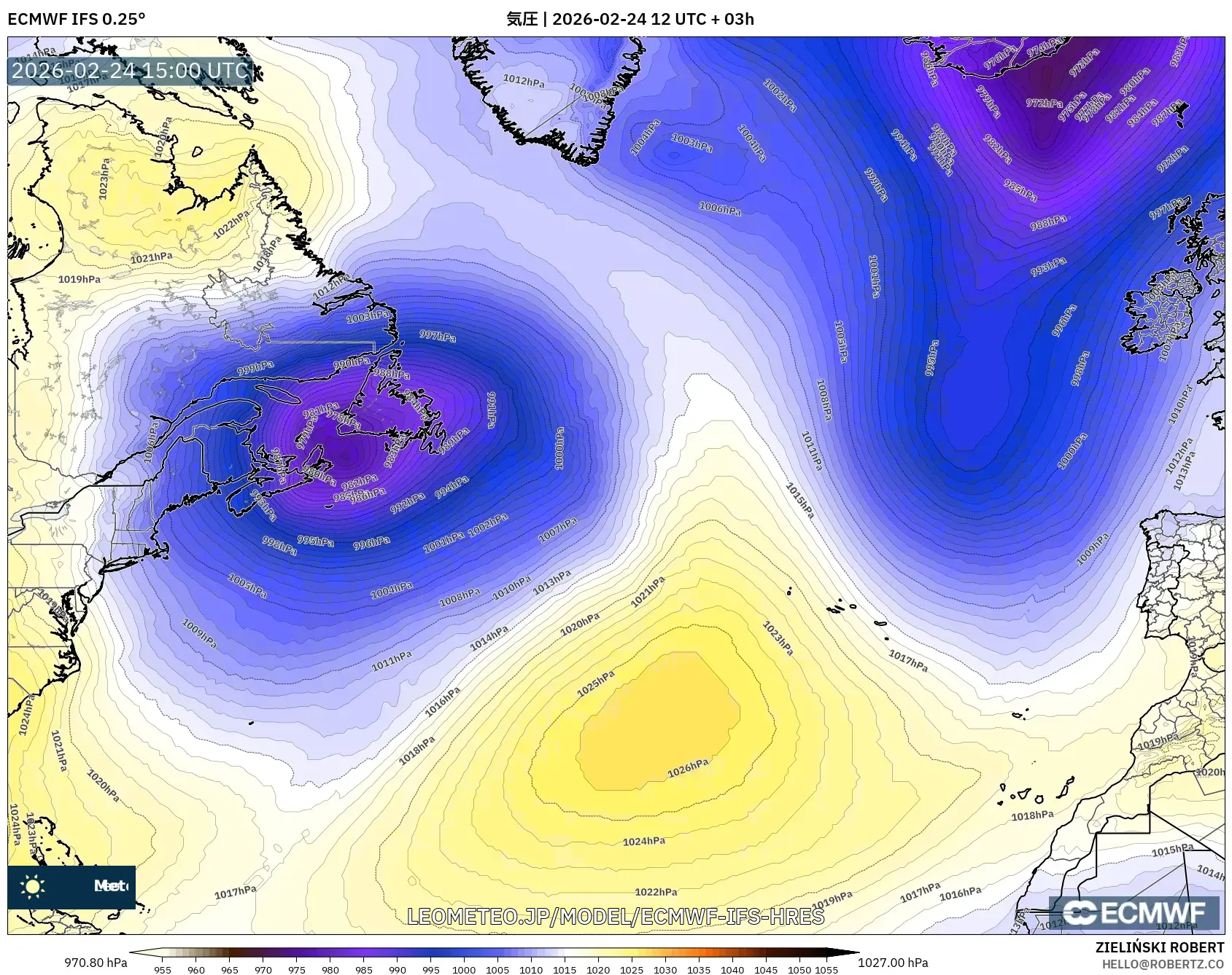 ECMWF IFS 0.25° model - 北大西洋, 気圧