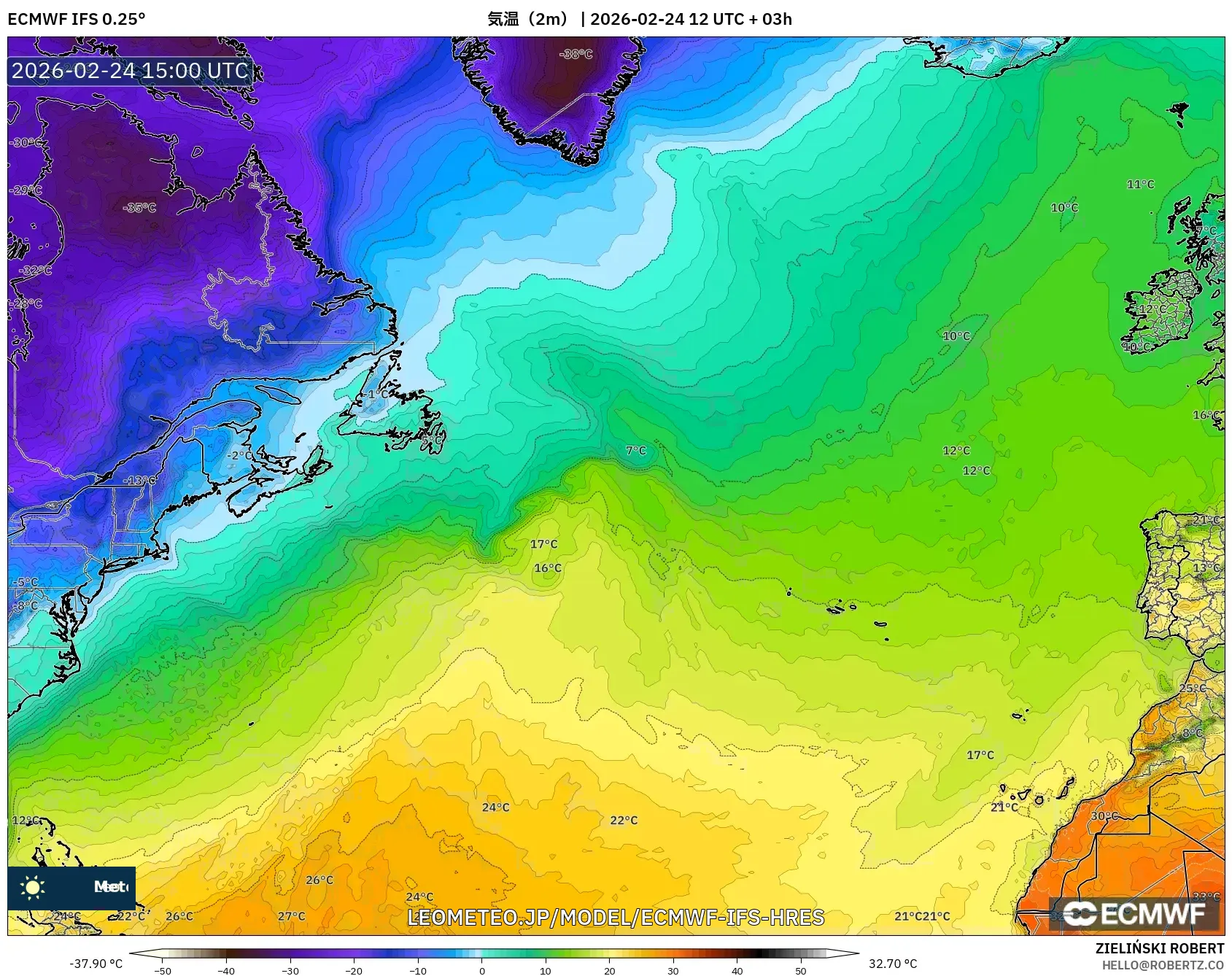 ECMWF IFS 0.25° model - 北大西洋, 気温（2m）