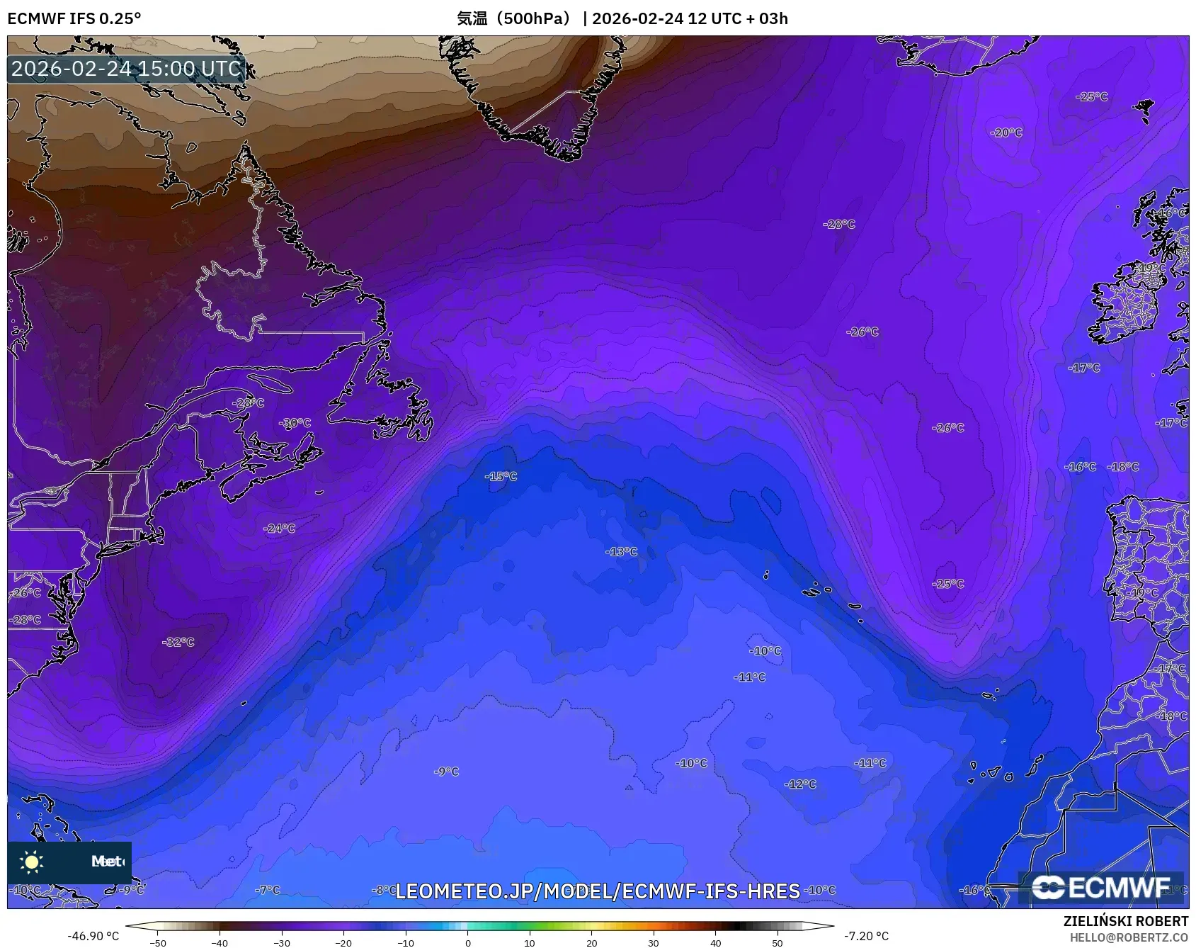 ECMWF IFS 0.25° model - 北大西洋, 気温（500hPa）