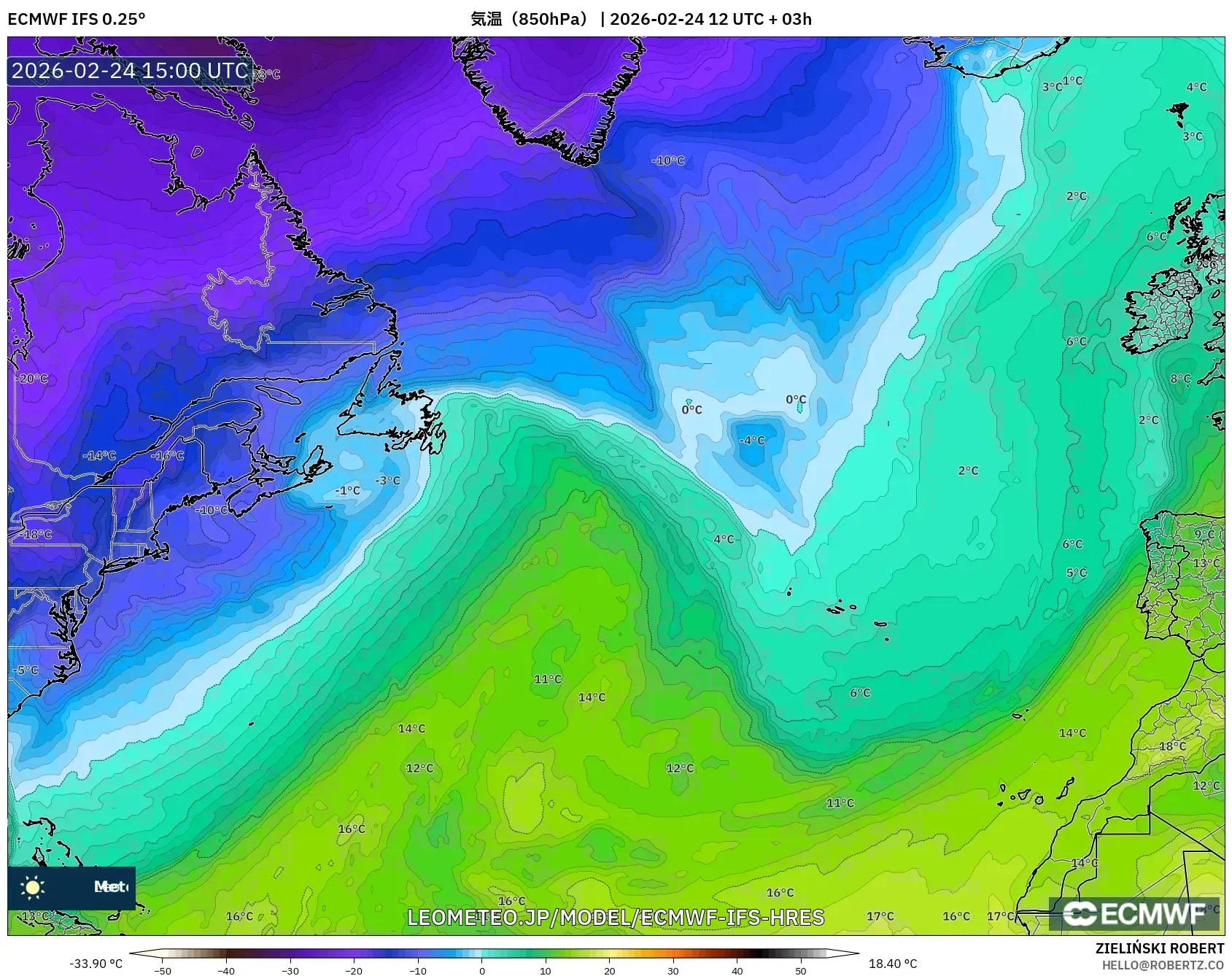 ECMWF IFS 0.25° model - 北大西洋, 気温（850hPa）