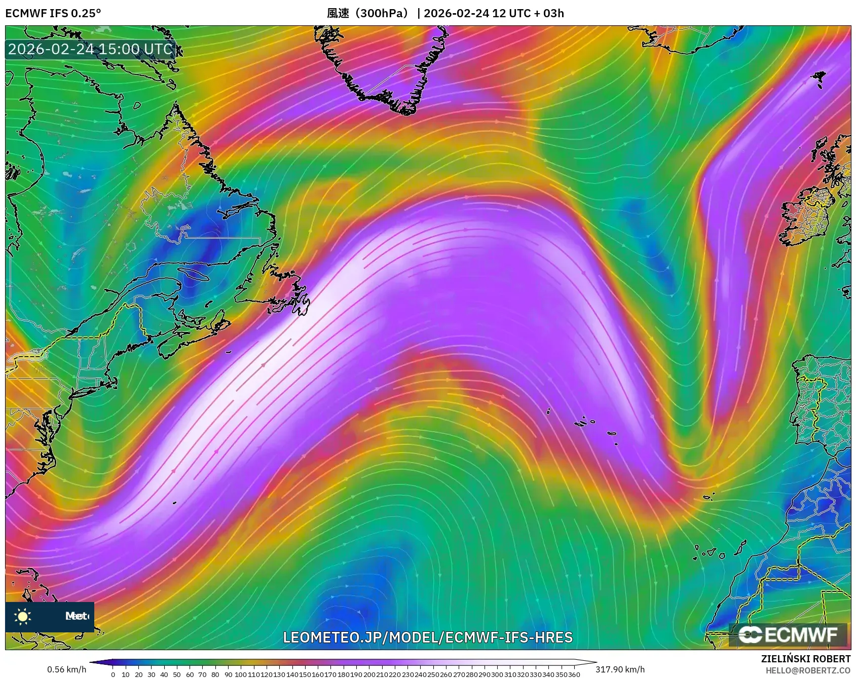 ECMWF IFS 0.25° model - 北大西洋, 風速（300hPa）