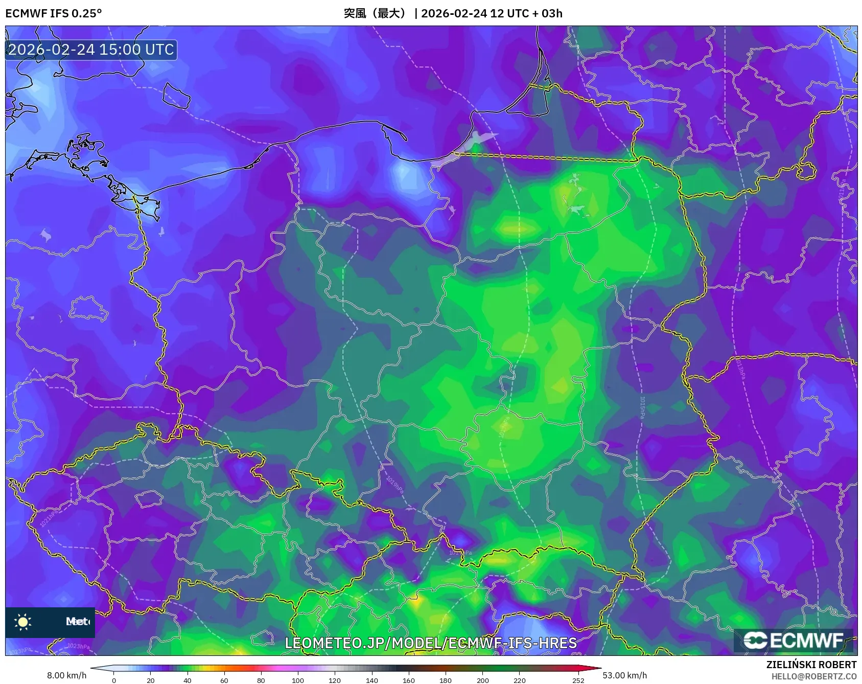 ECMWF IFS 0.25° model - ポーランド, 突風（最大）
