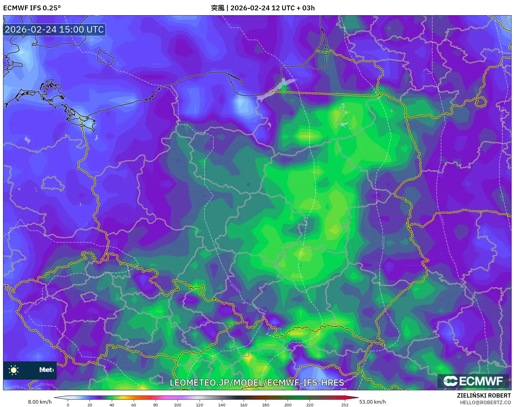 ECMWF IFS 0.25° model - ポーランド, 突風
