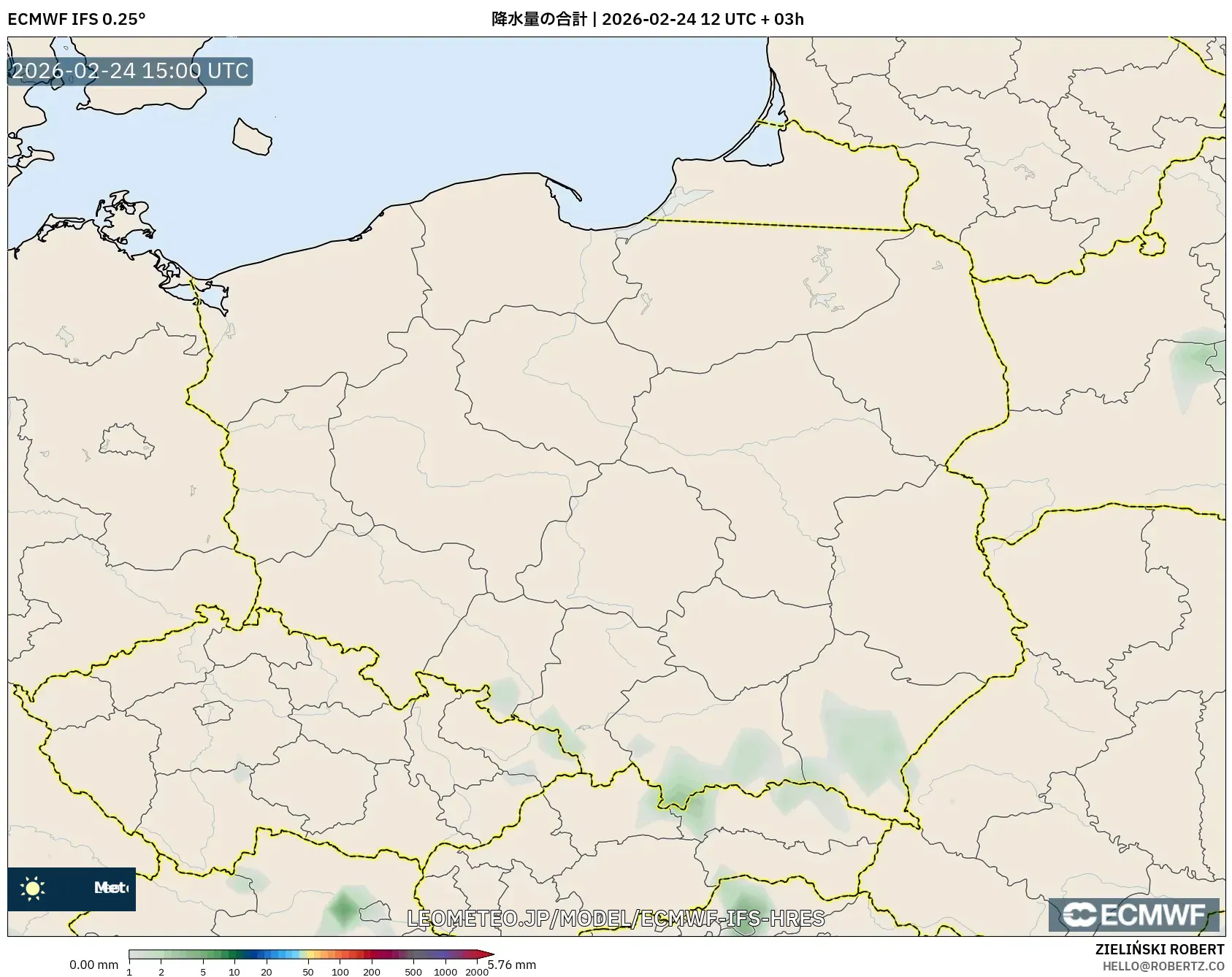 ECMWF IFS 0.25° model - ポーランド, 降水量の合計