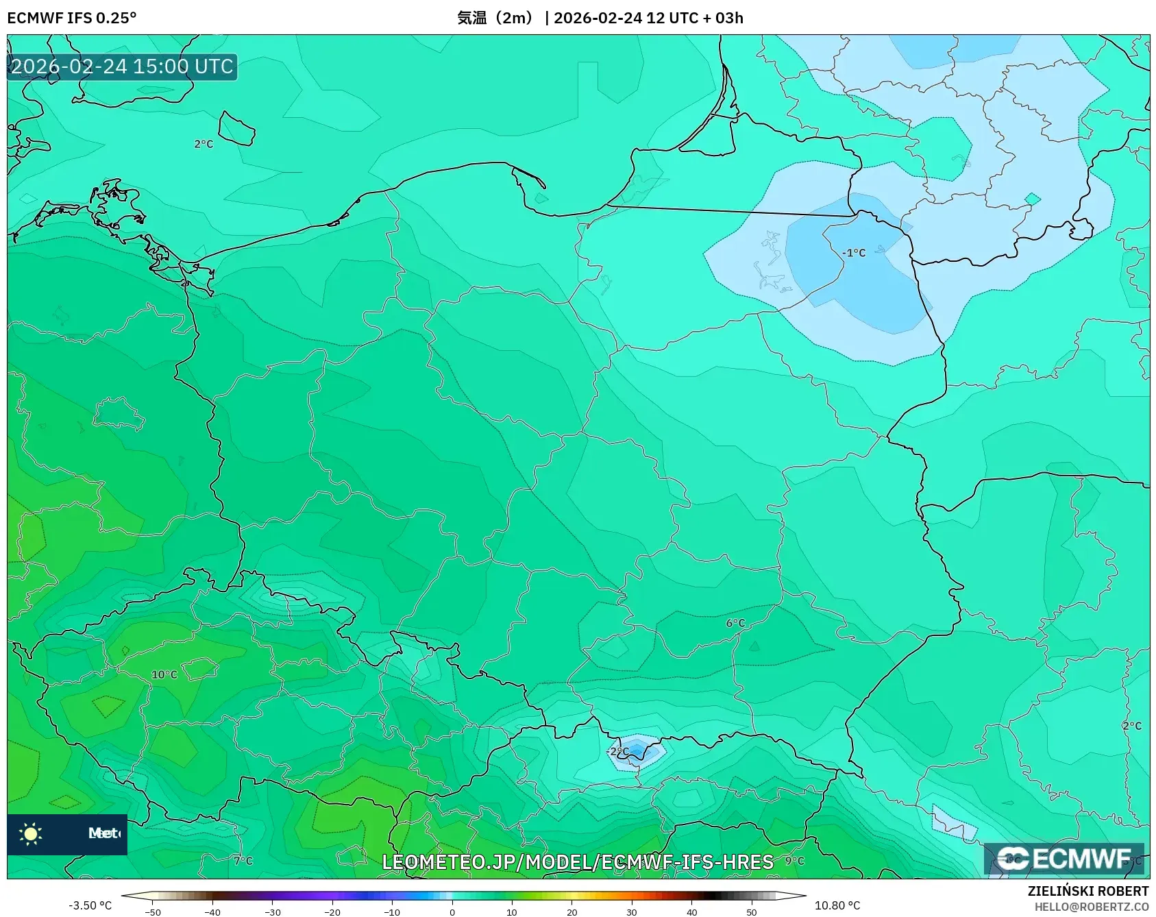 ECMWF IFS 0.25° model - ポーランド, 気温（2m）