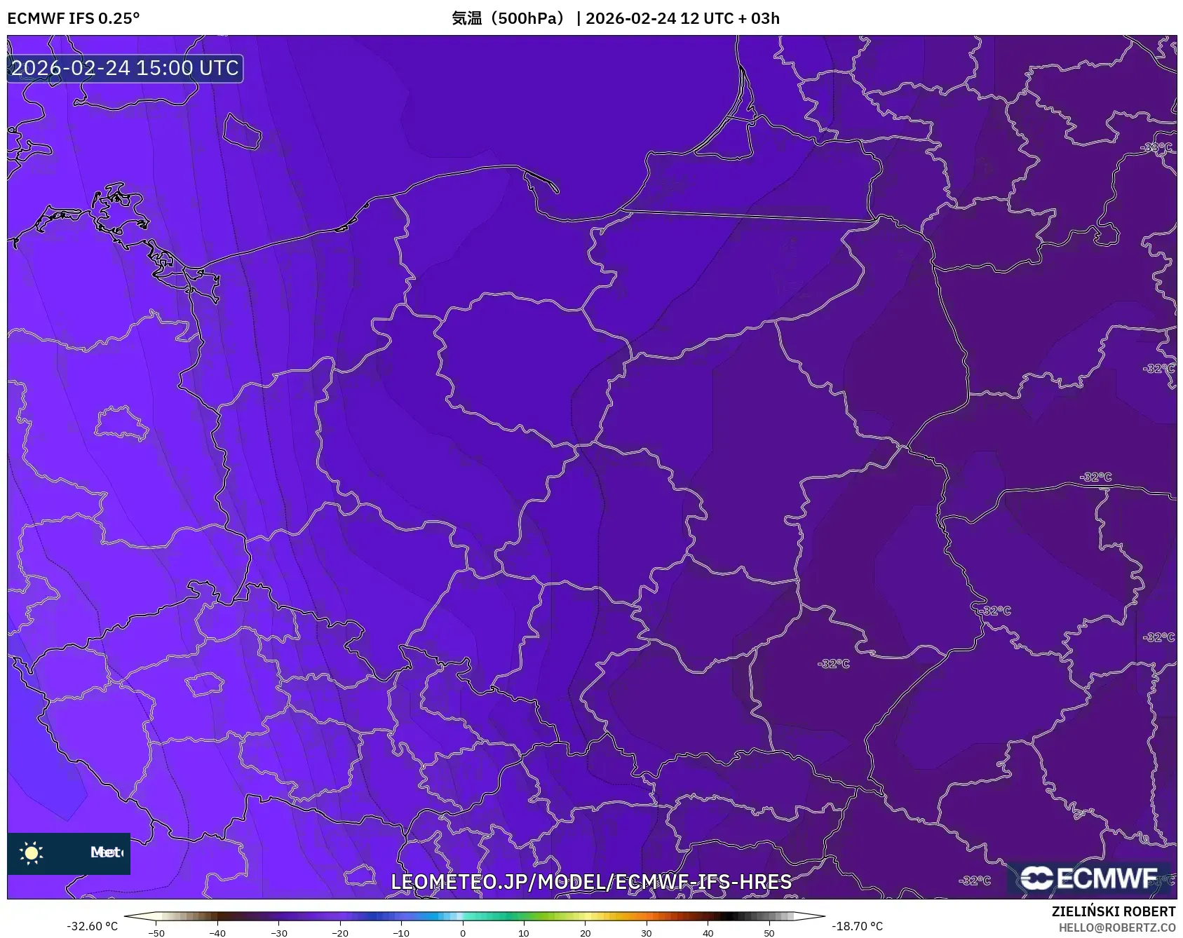 ECMWF IFS 0.25° model - ポーランド, 気温（500hPa）