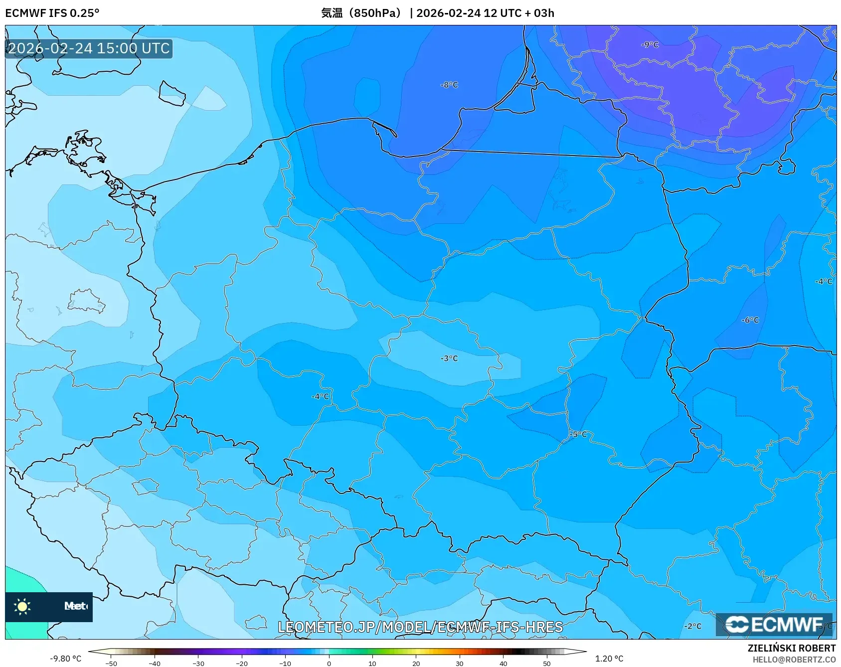 ECMWF IFS 0.25° model - ポーランド, 気温（850hPa）