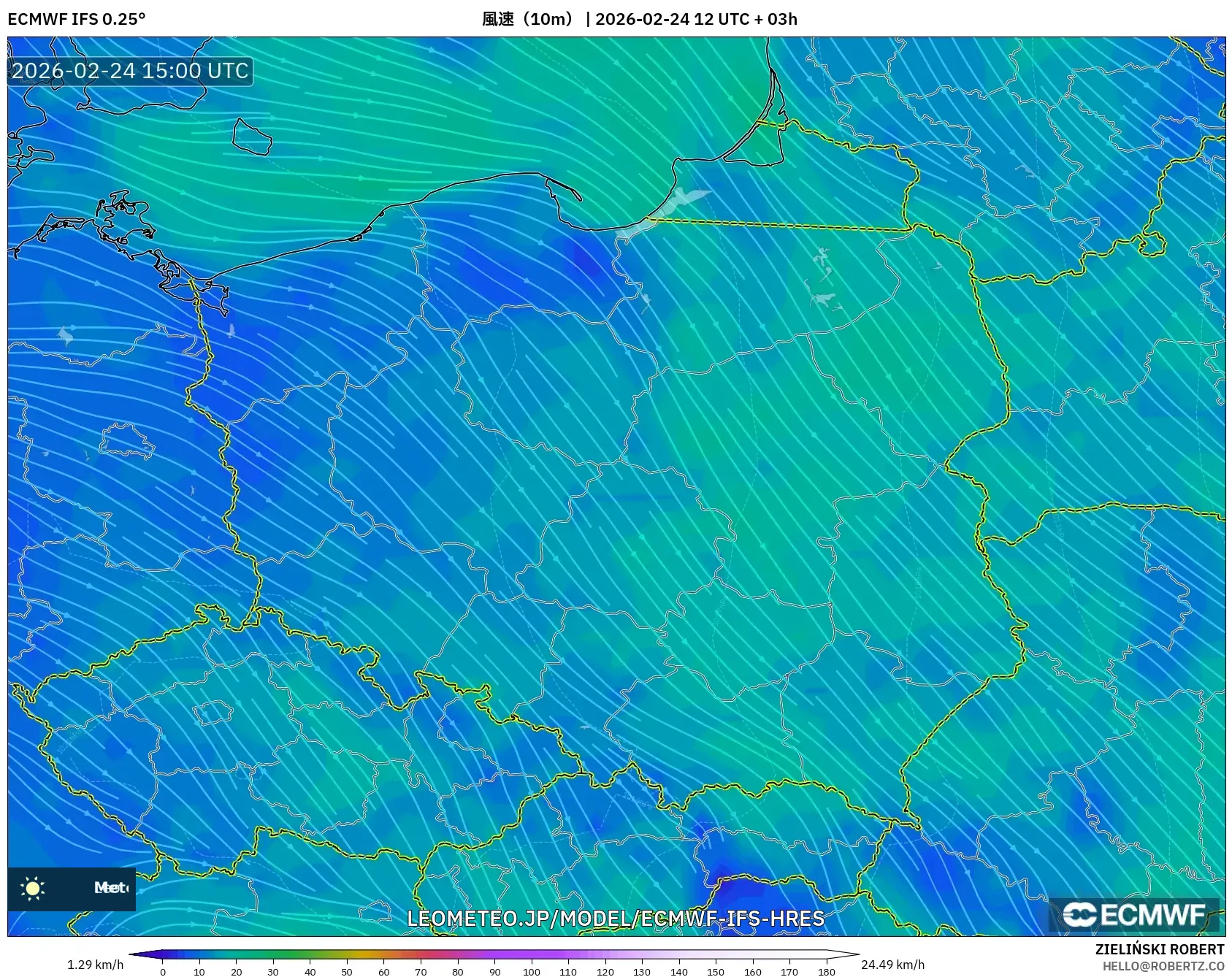 ECMWF IFS 0.25° model - ポーランド, 風速（10m）