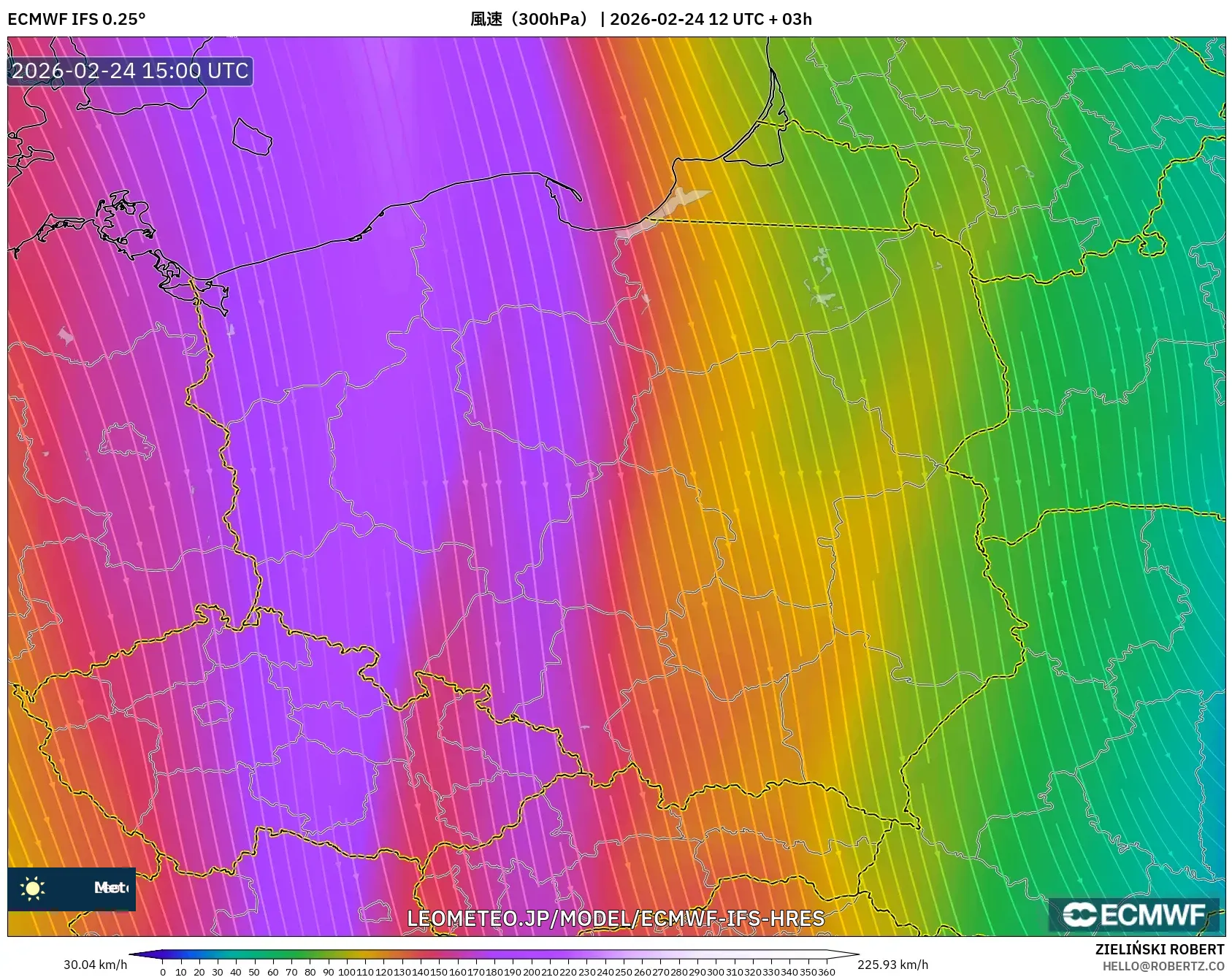 ECMWF IFS 0.25° model - ポーランド, 風速（300hPa）
