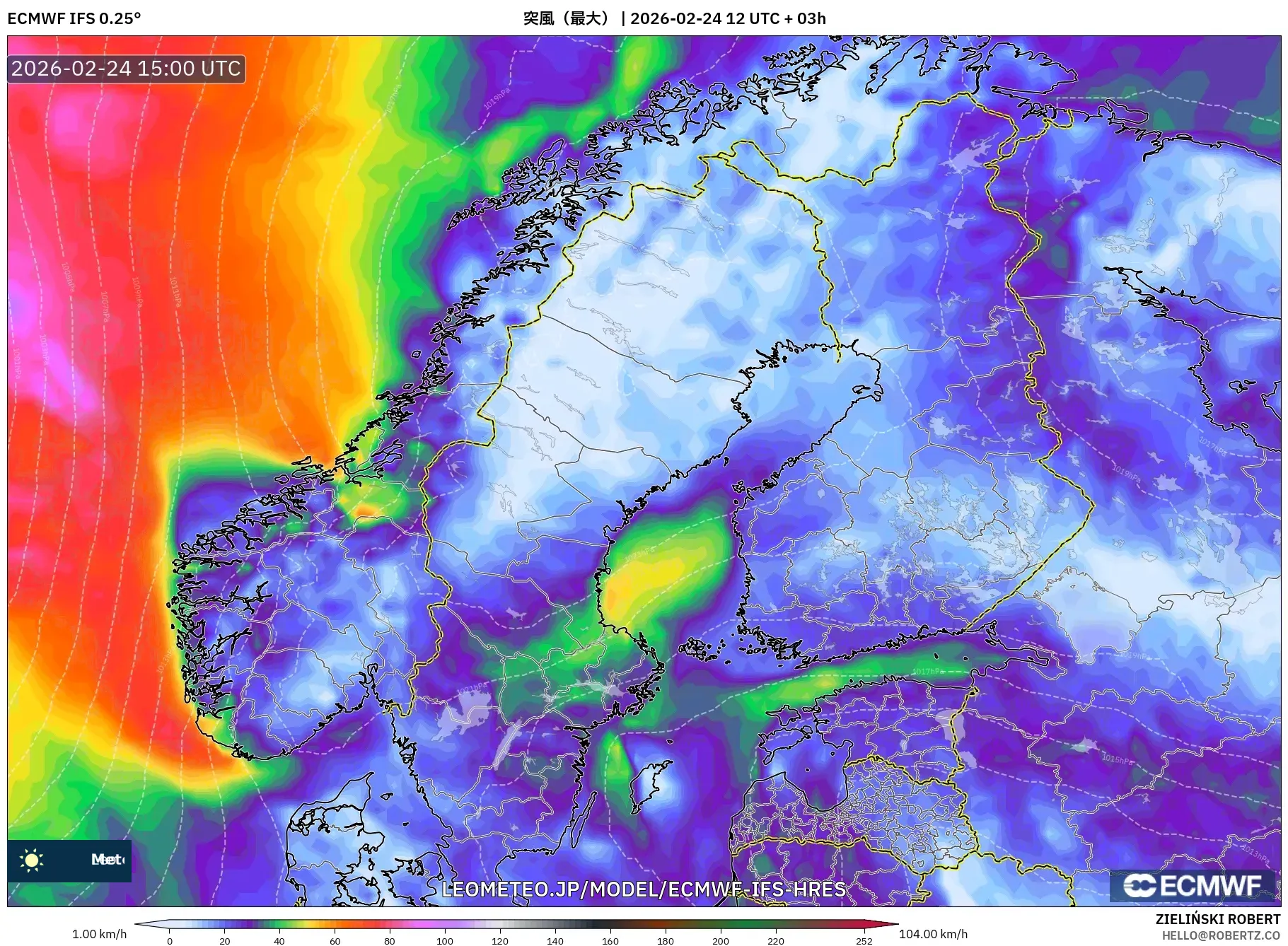 ECMWF IFS 0.25° model - スカンジナビア, 突風（最大）