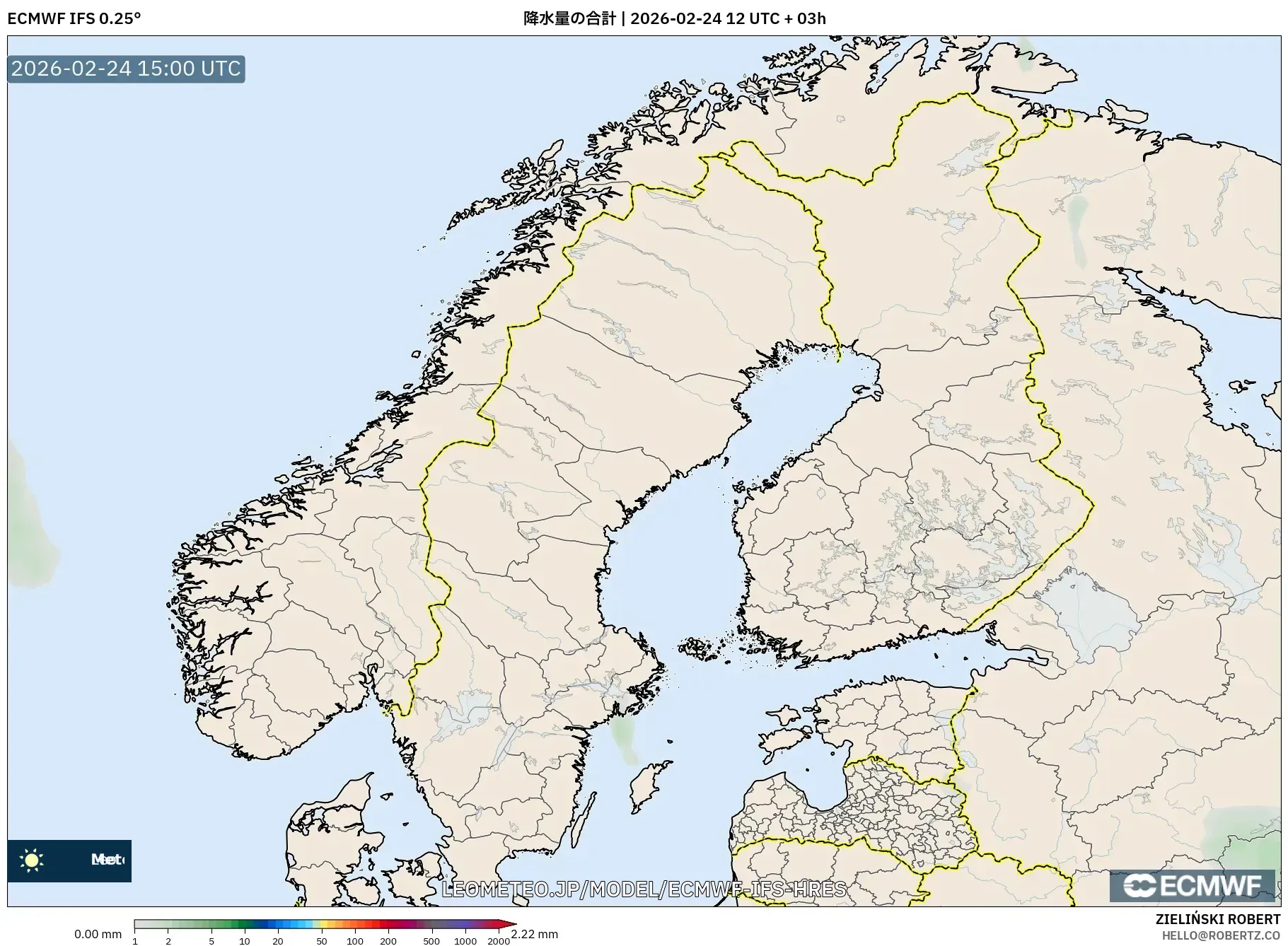 ECMWF IFS 0.25° model - スカンジナビア, 降水量の合計