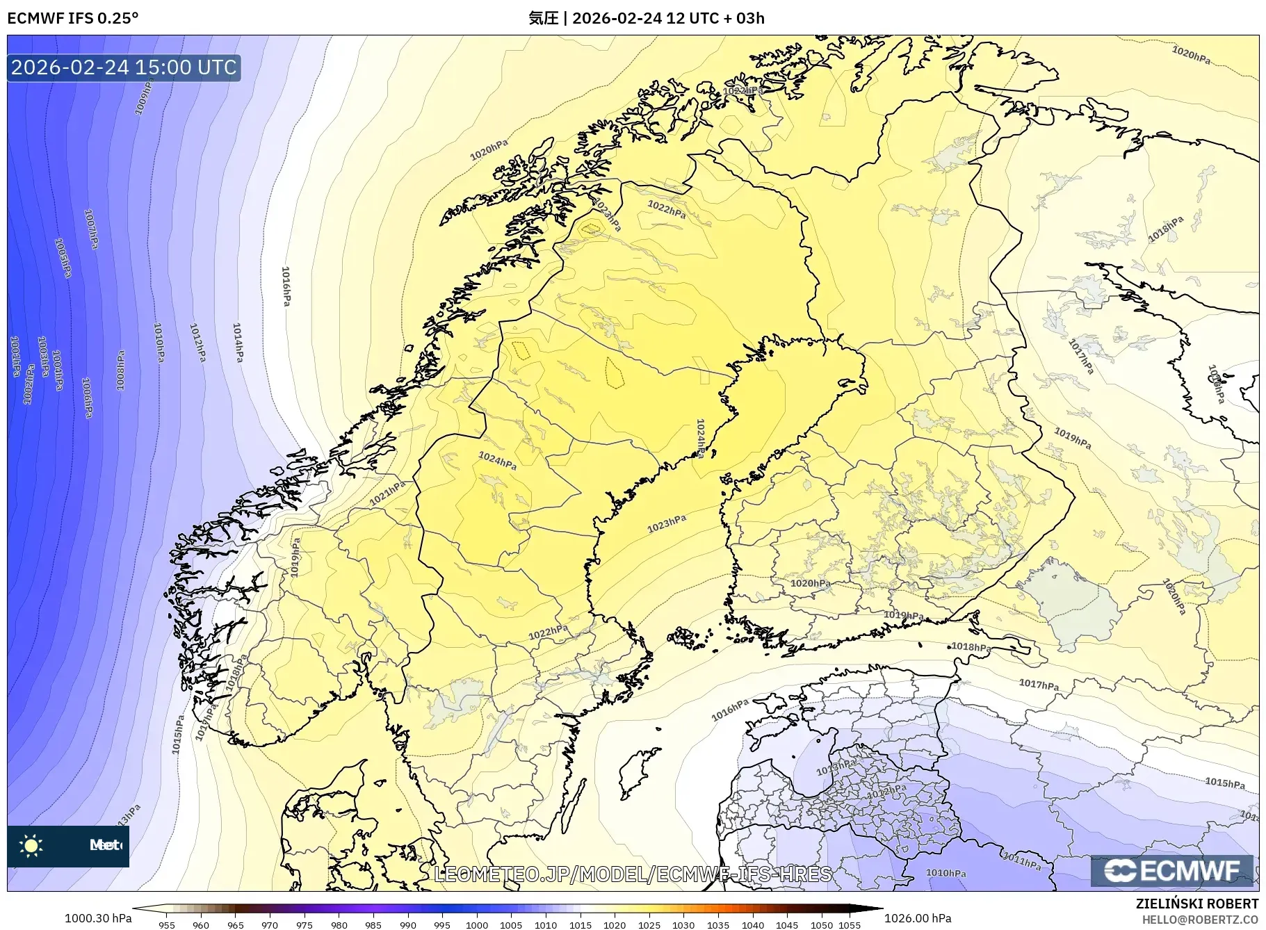 ECMWF IFS 0.25° model - スカンジナビア, 気圧