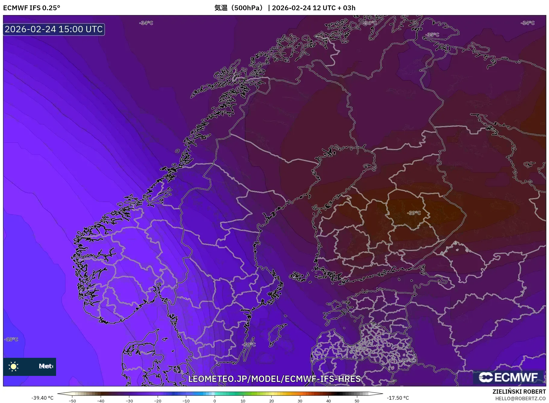 ECMWF IFS 0.25° model - スカンジナビア, 気温（500hPa）