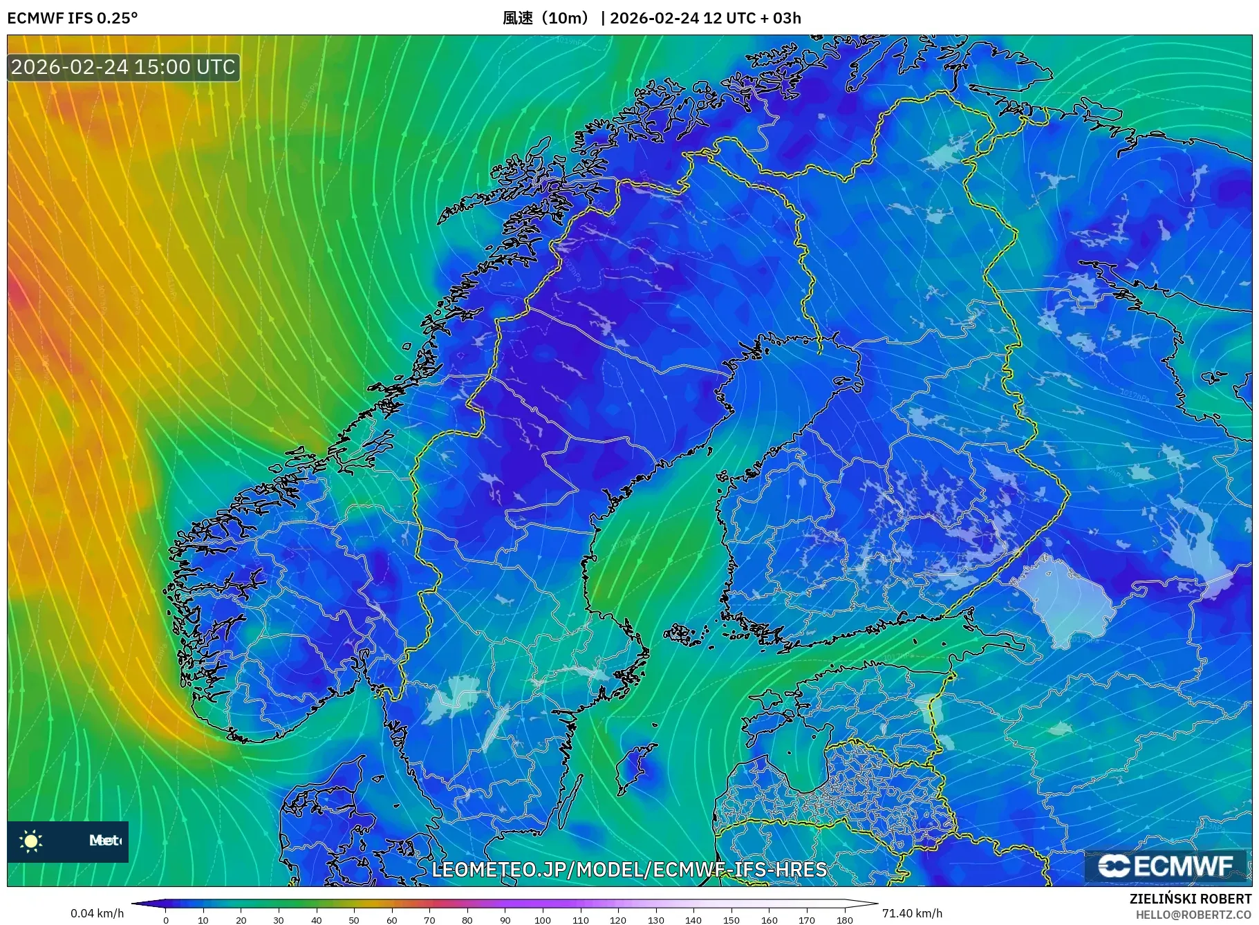 ECMWF IFS 0.25° model - スカンジナビア, 風速（10m）