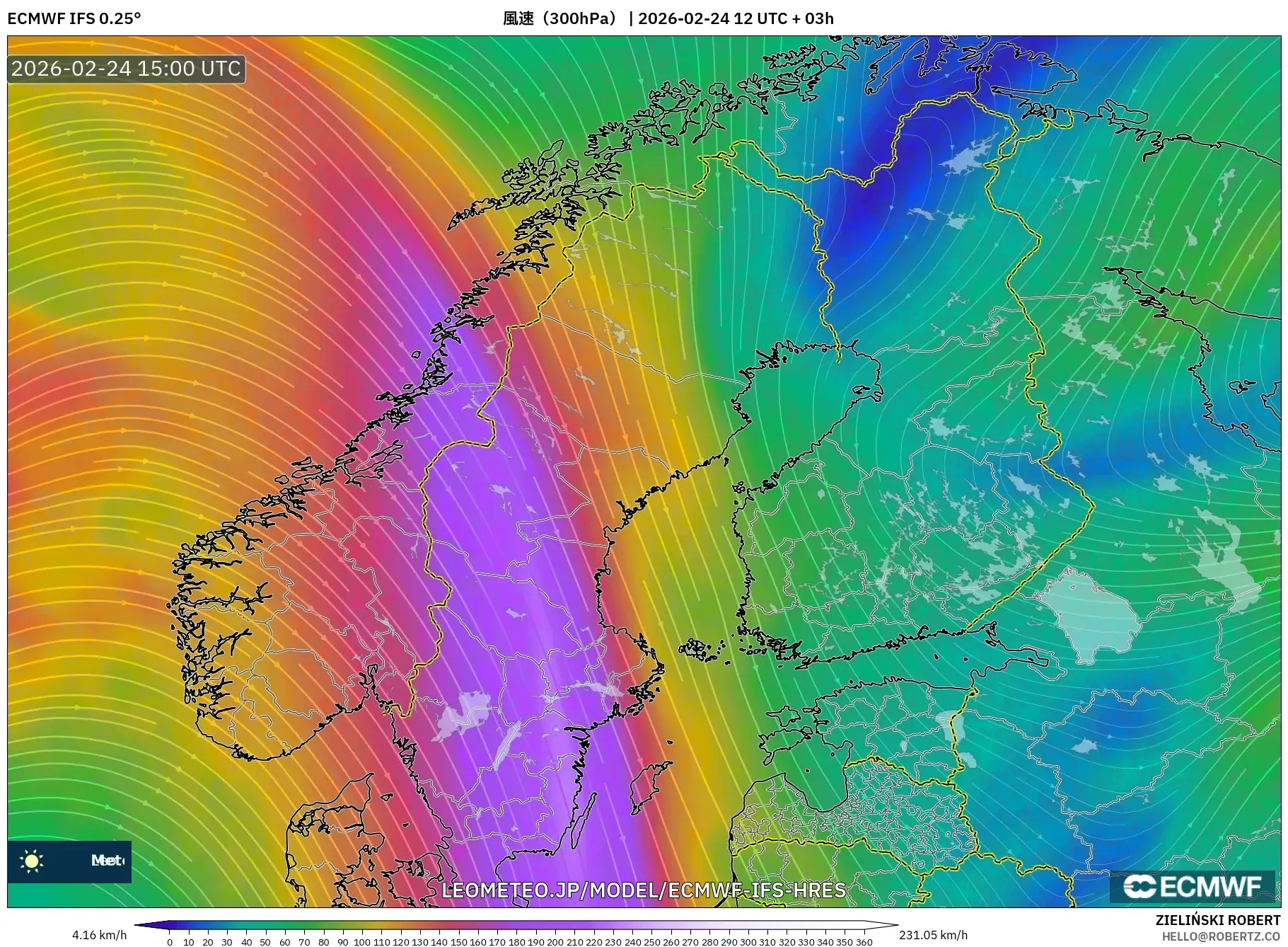 ECMWF IFS 0.25° model - スカンジナビア, 風速（300hPa）