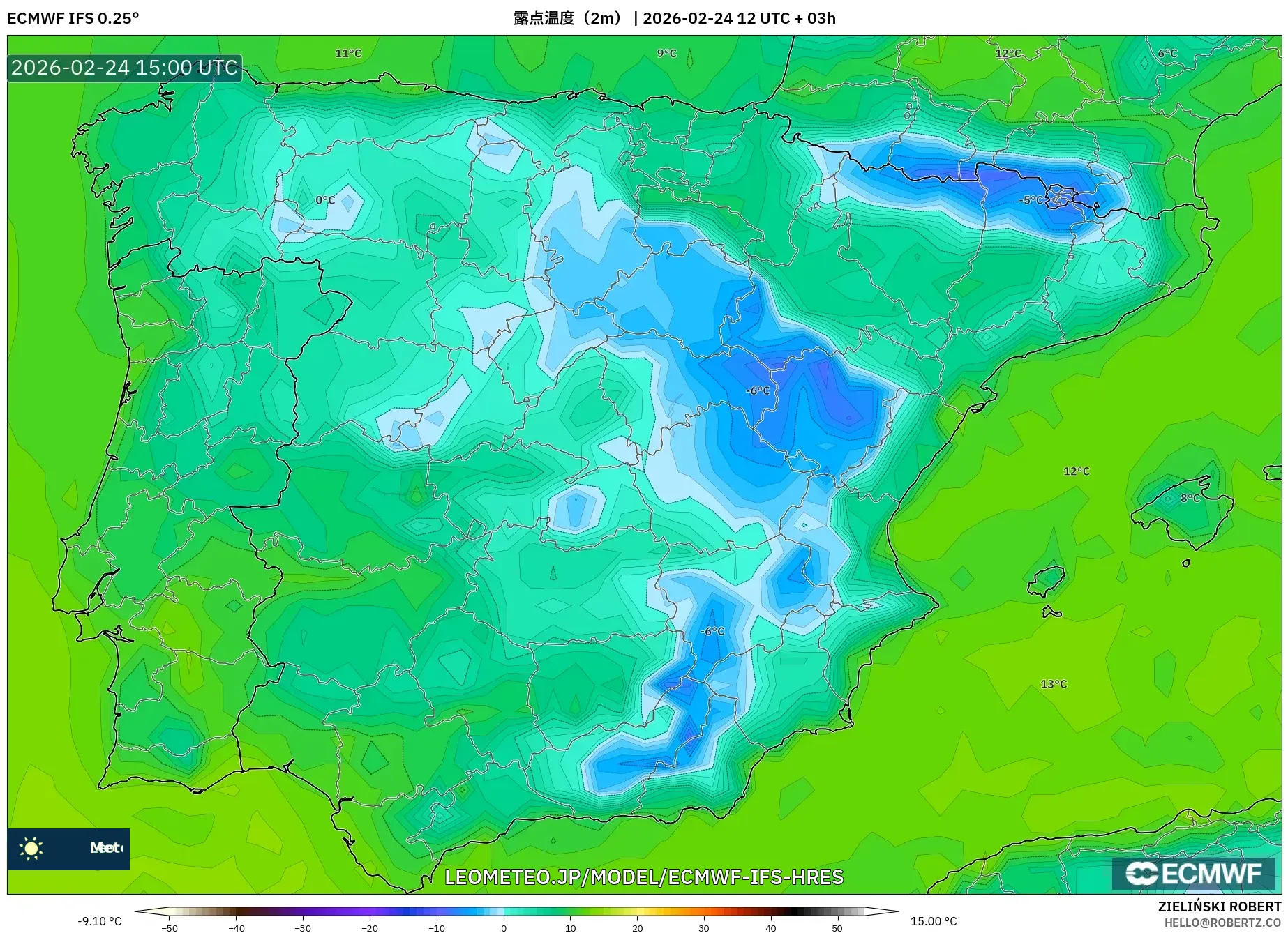 ECMWF IFS 0.25° model - スペイン, 露点温度（2m）