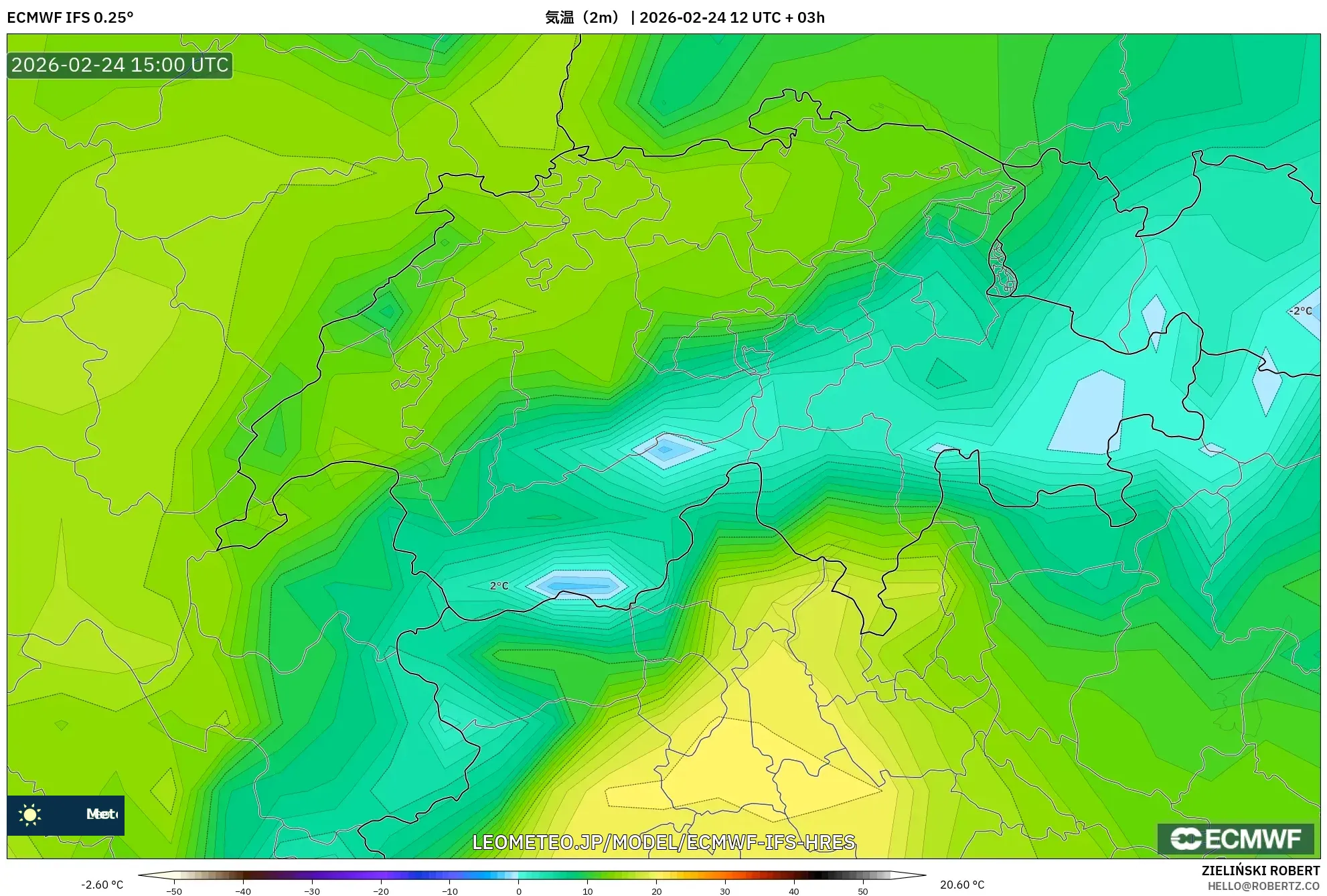 ECMWF IFS 0.25° model - スイス, 気温（2m）