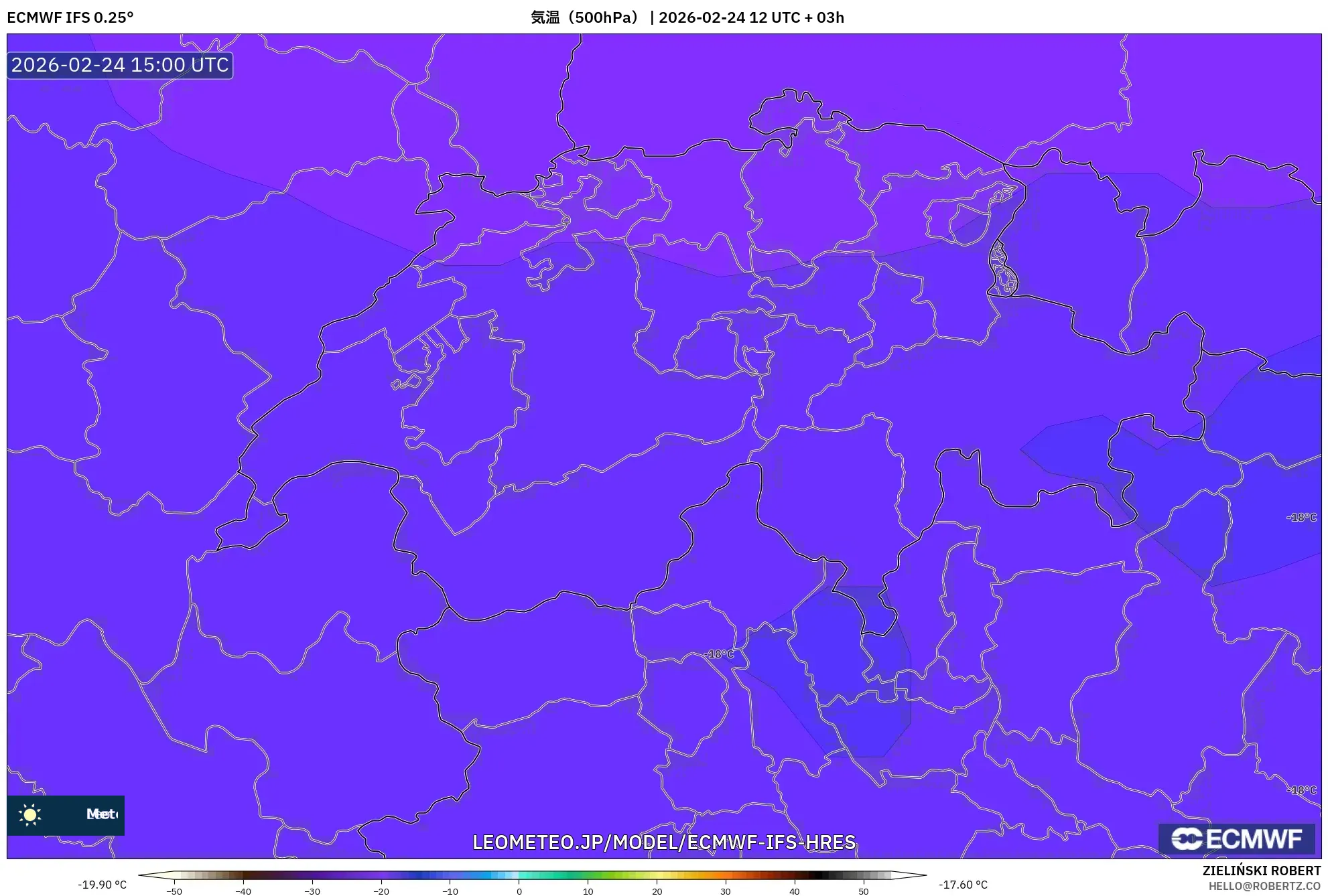 ECMWF IFS 0.25° model - スイス, 気温（500hPa）