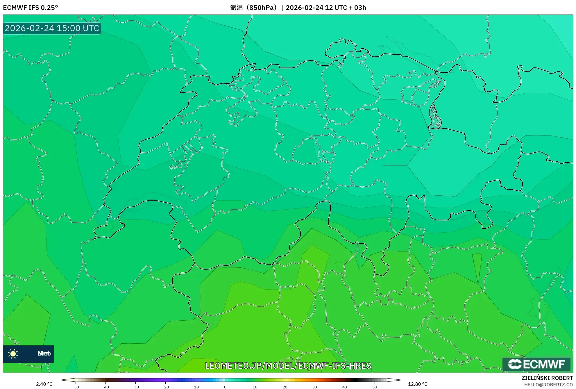 ECMWF IFS 0.25° model - スイス, 気温（850hPa）