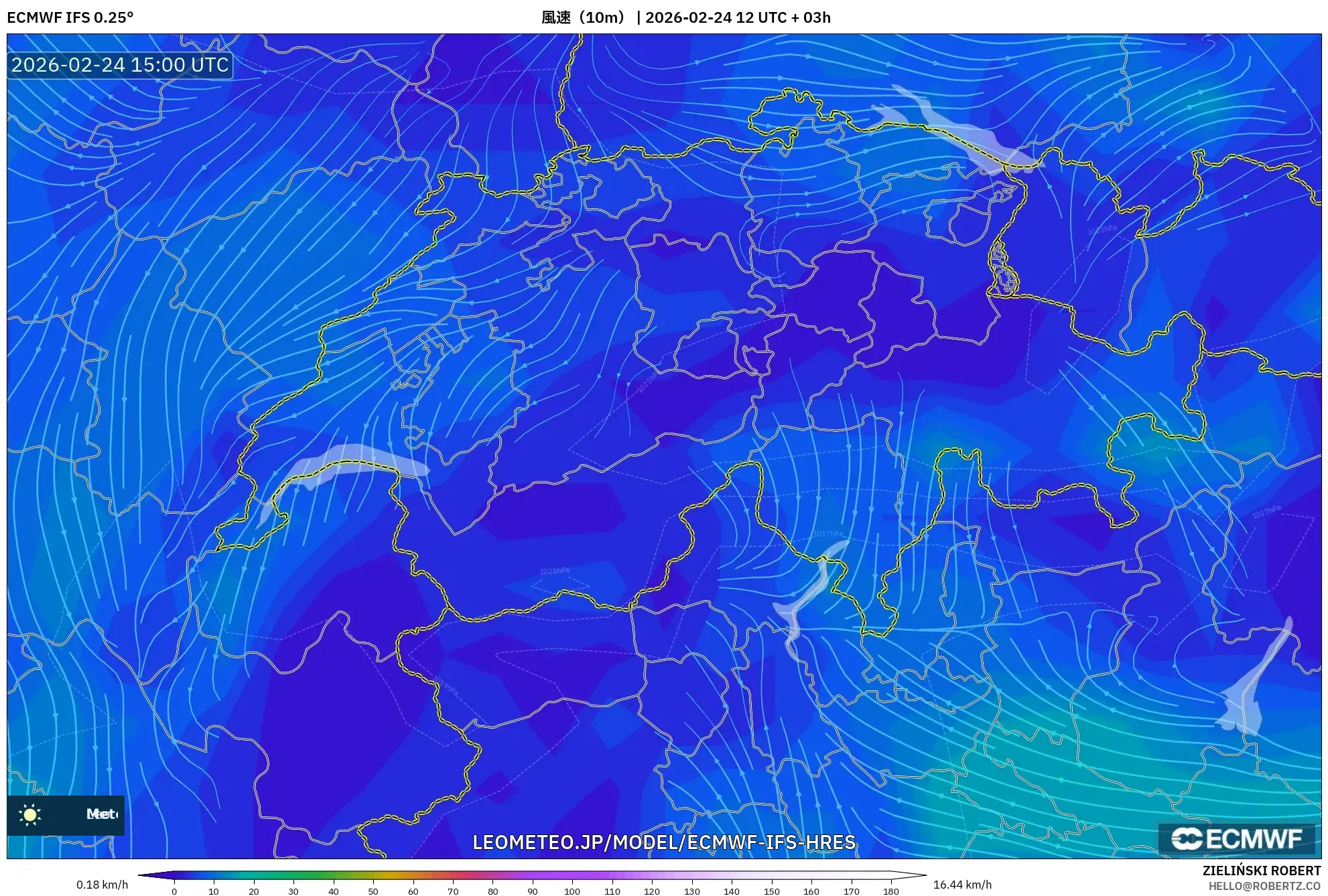 ECMWF IFS 0.25° model - スイス, 風速（10m）