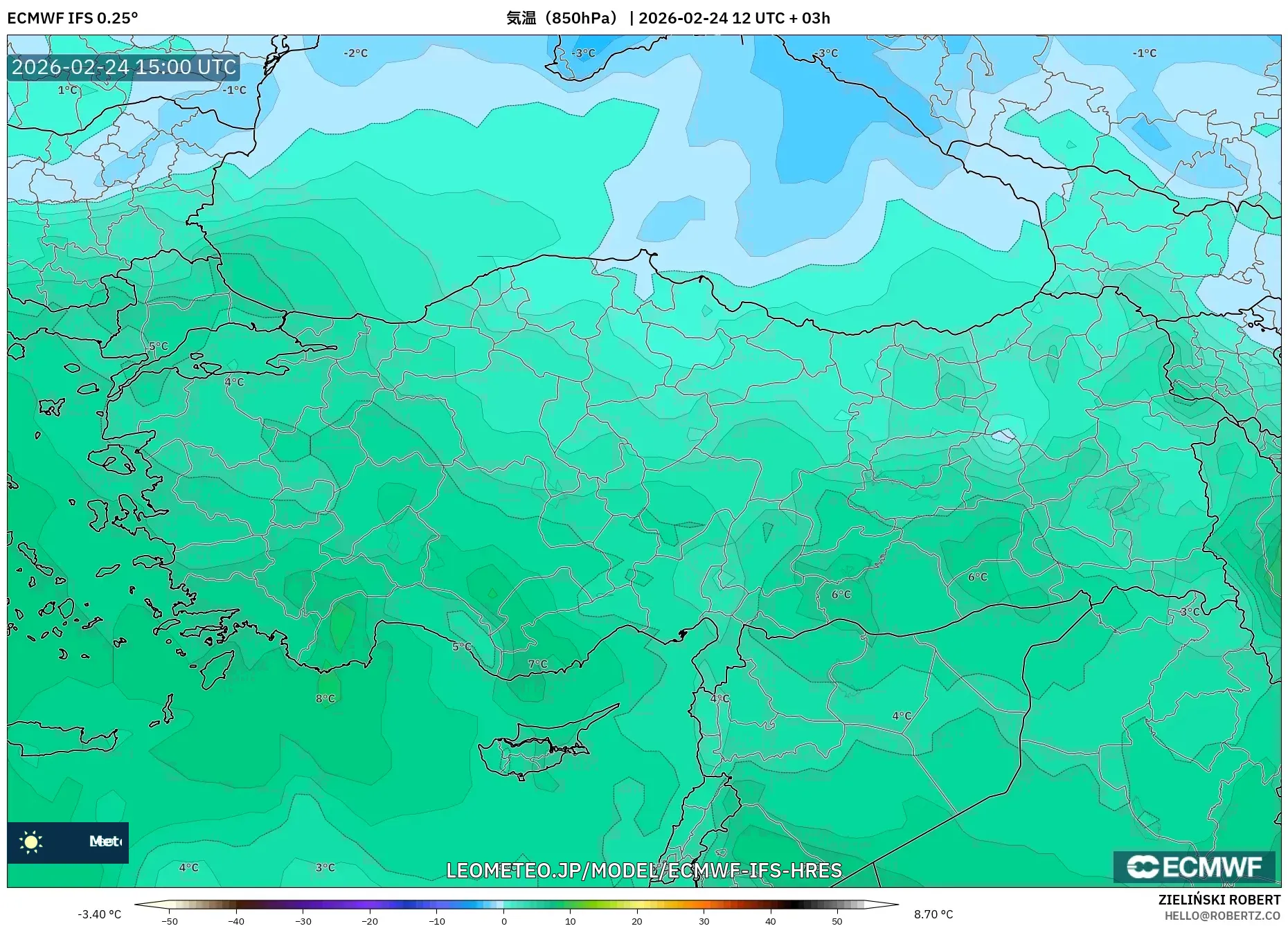 ECMWF IFS 0.25° model - トルコ, 気温（850hPa）