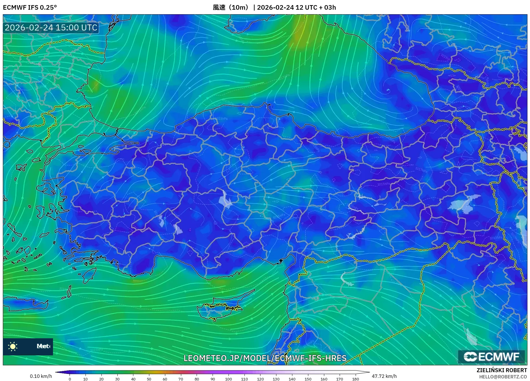 ECMWF IFS 0.25° model - トルコ, 風速（10m）