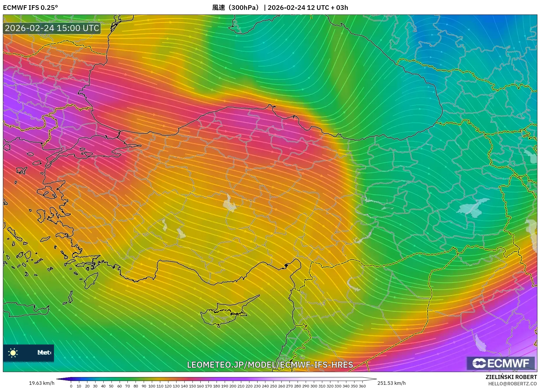 ECMWF IFS 0.25° model - トルコ, 風速（300hPa）