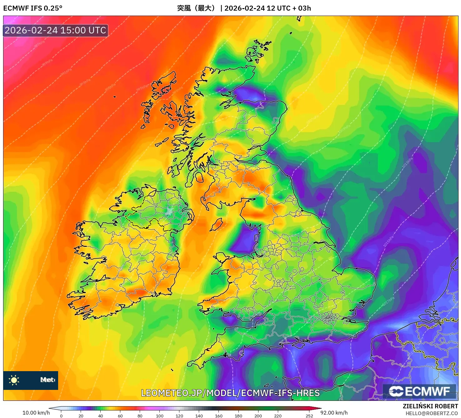 ECMWF IFS 0.25° model - イギリス, 突風（最大）