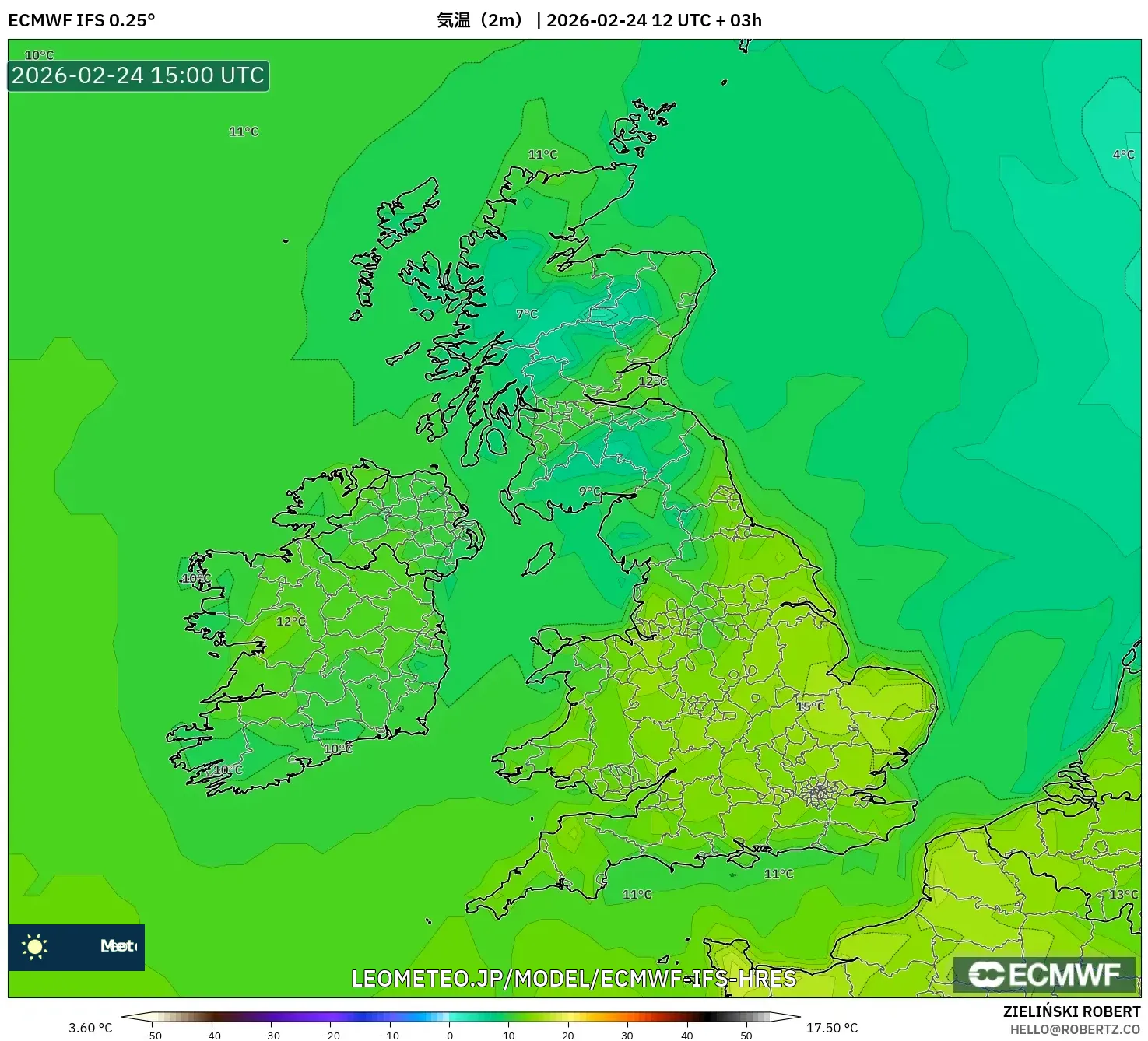 ECMWF IFS 0.25° model - イギリス, 気温（2m）