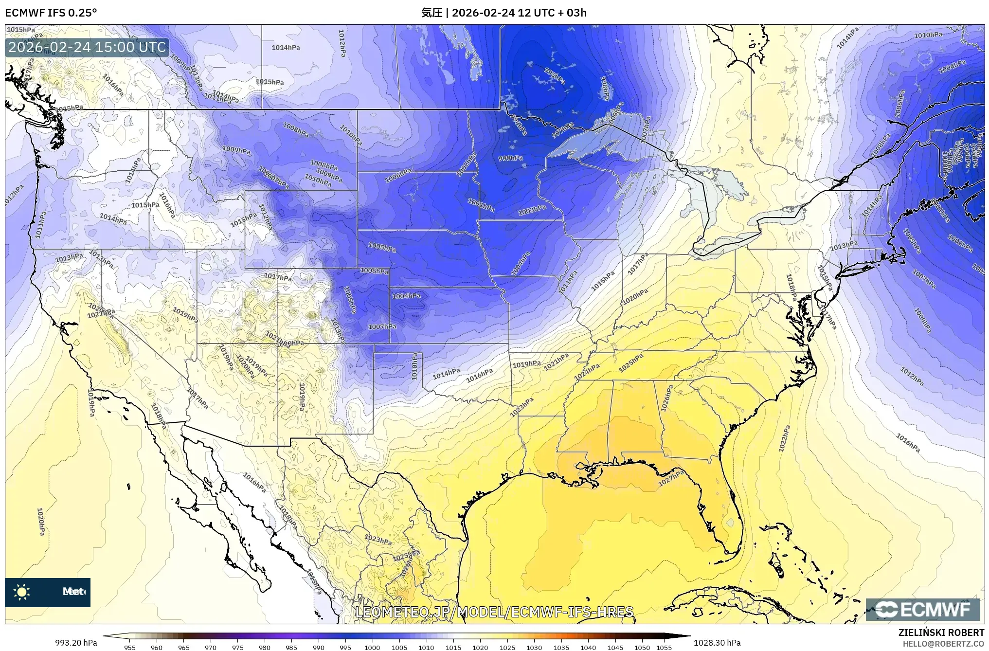 ECMWF IFS 0.25° model - アメリカ合衆国, 気圧