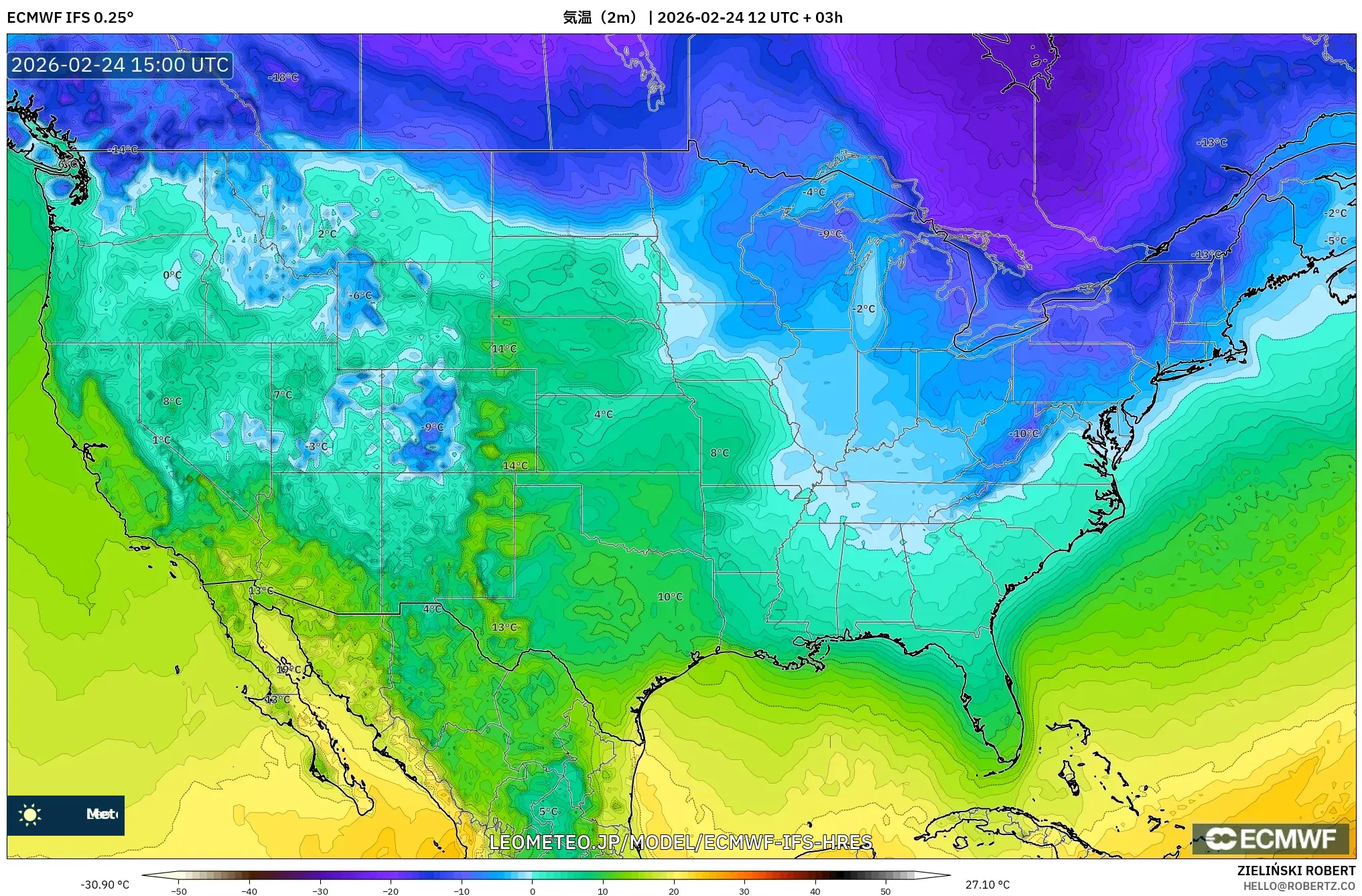 ECMWF IFS 0.25° model - アメリカ合衆国, 気温（2m）