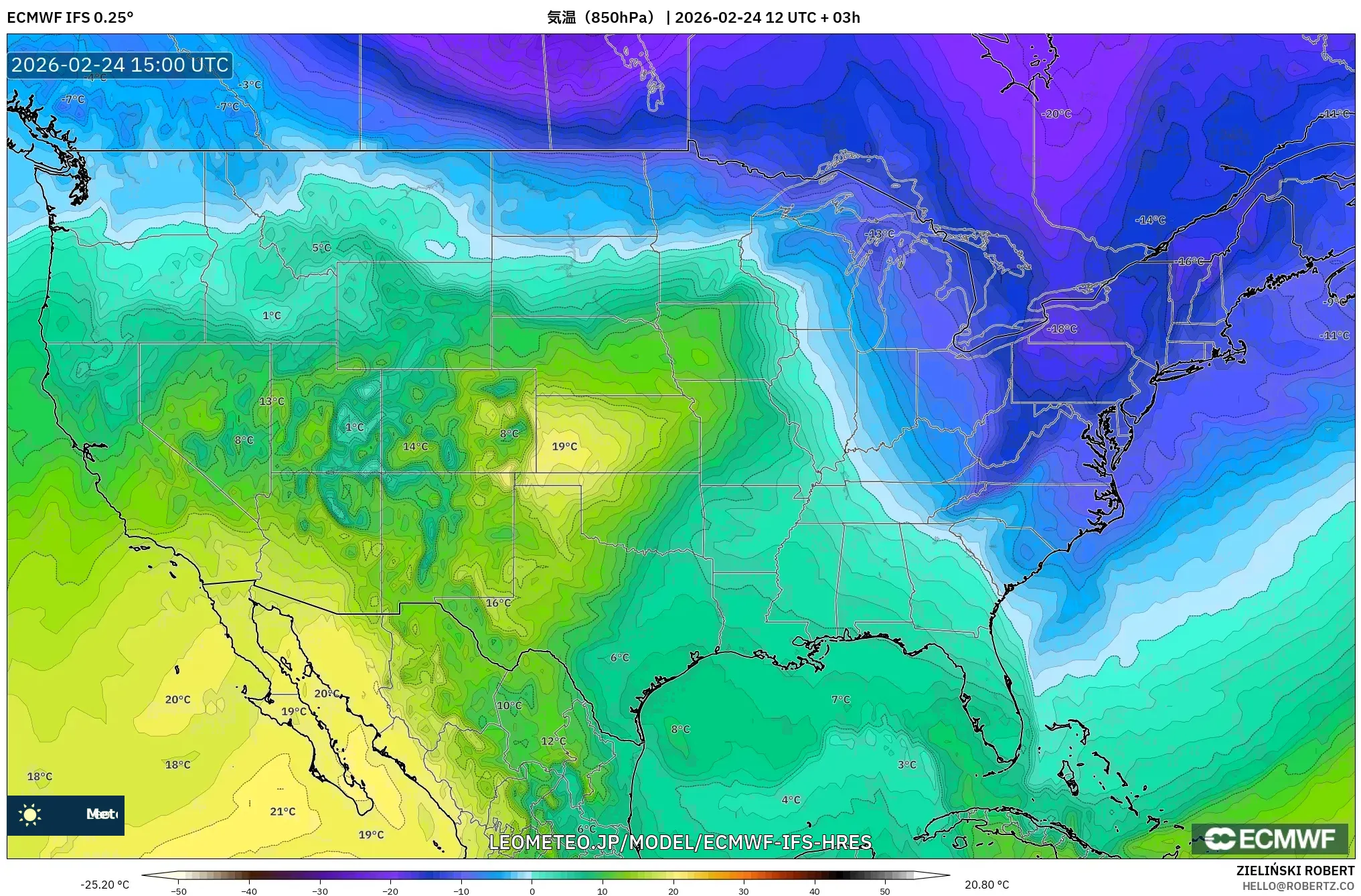 ECMWF IFS 0.25° model - アメリカ合衆国, 気温（850hPa）