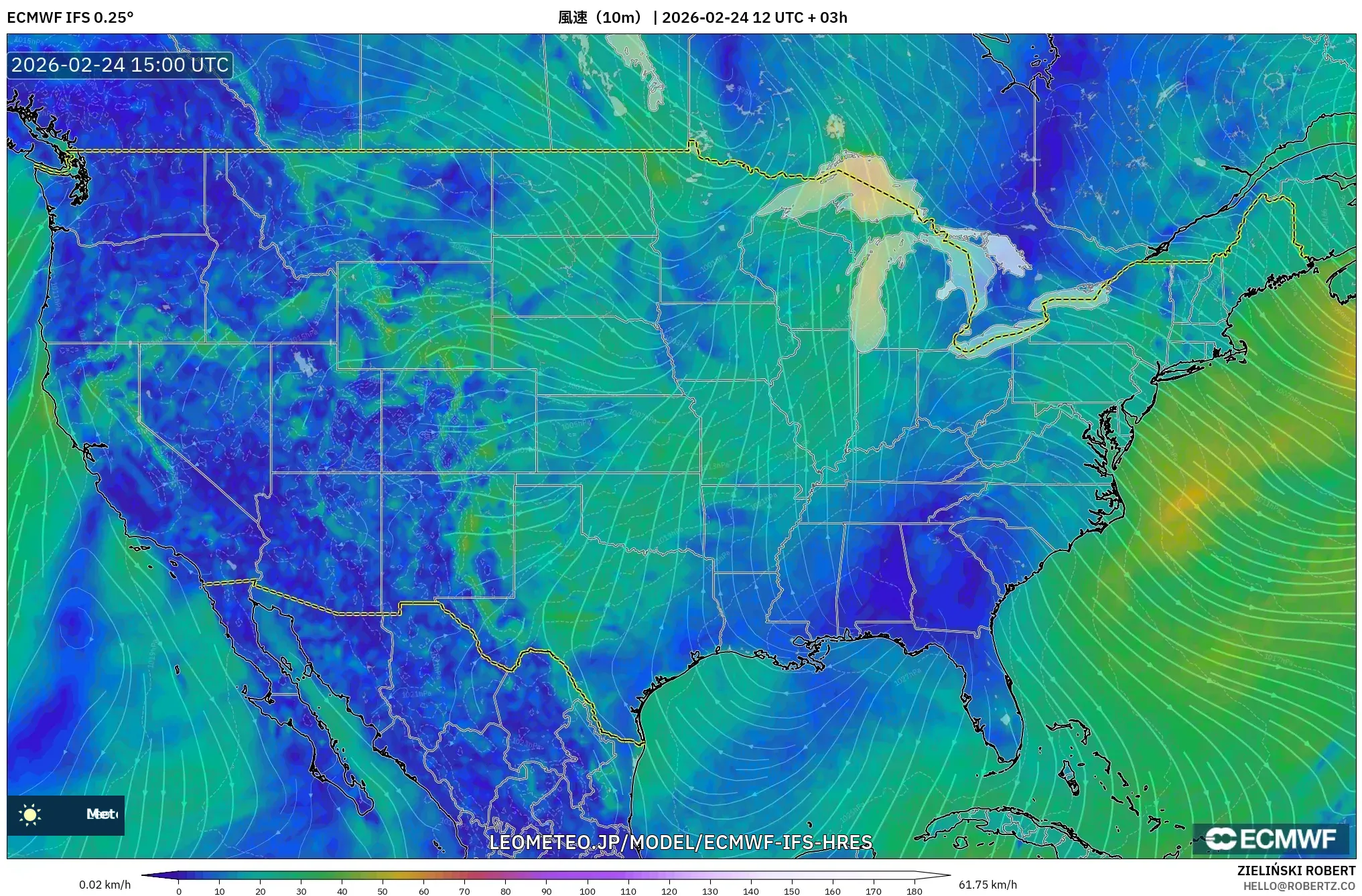 ECMWF IFS 0.25° model - アメリカ合衆国, 風速（10m）