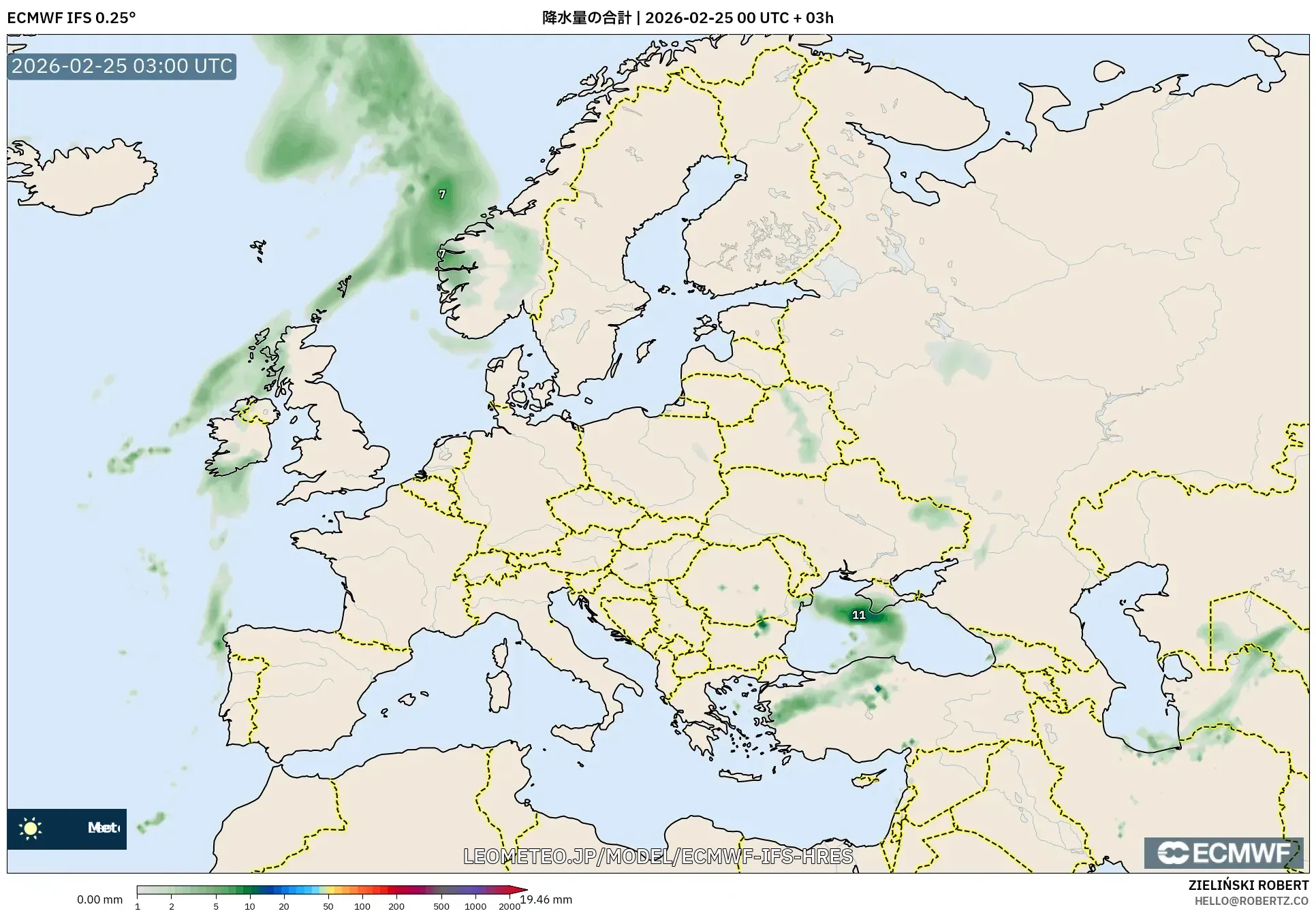 ECMWF IFS 0.25° model - ヨーロッパ, 降水量の合計