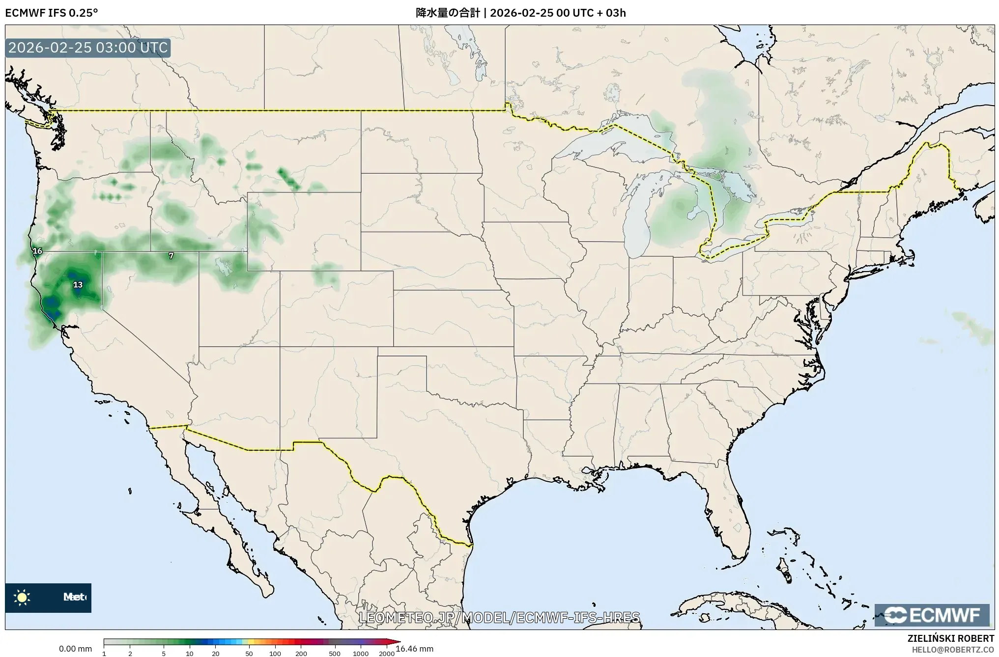 ECMWF IFS 0.25° model - アメリカ合衆国, 降水量の合計