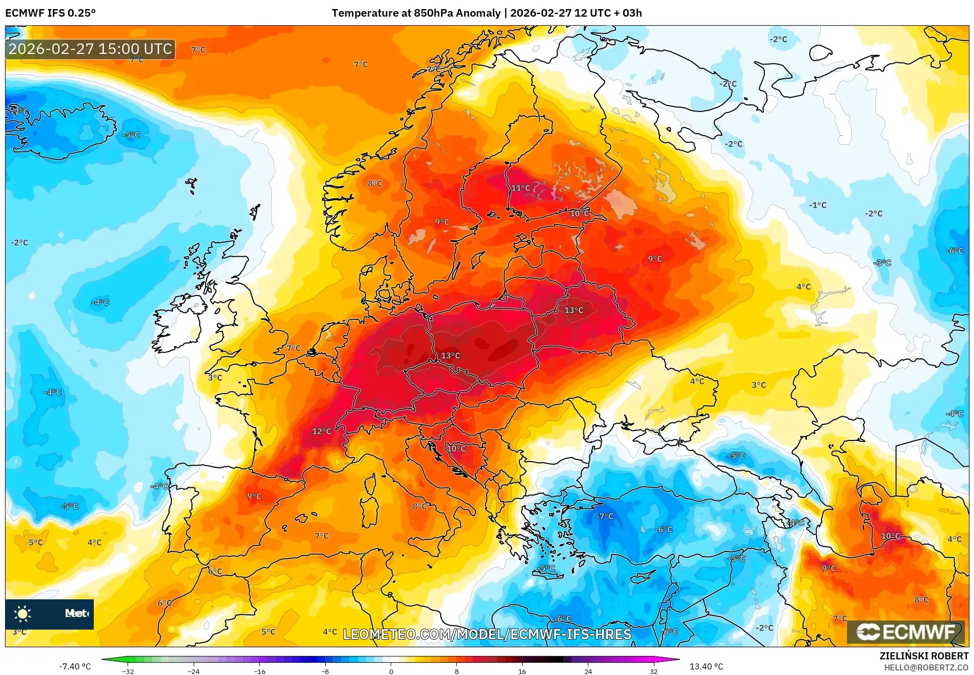 ECMWF IFS 0.25° model - ヨーロッパ, 気温異常（850hPa）