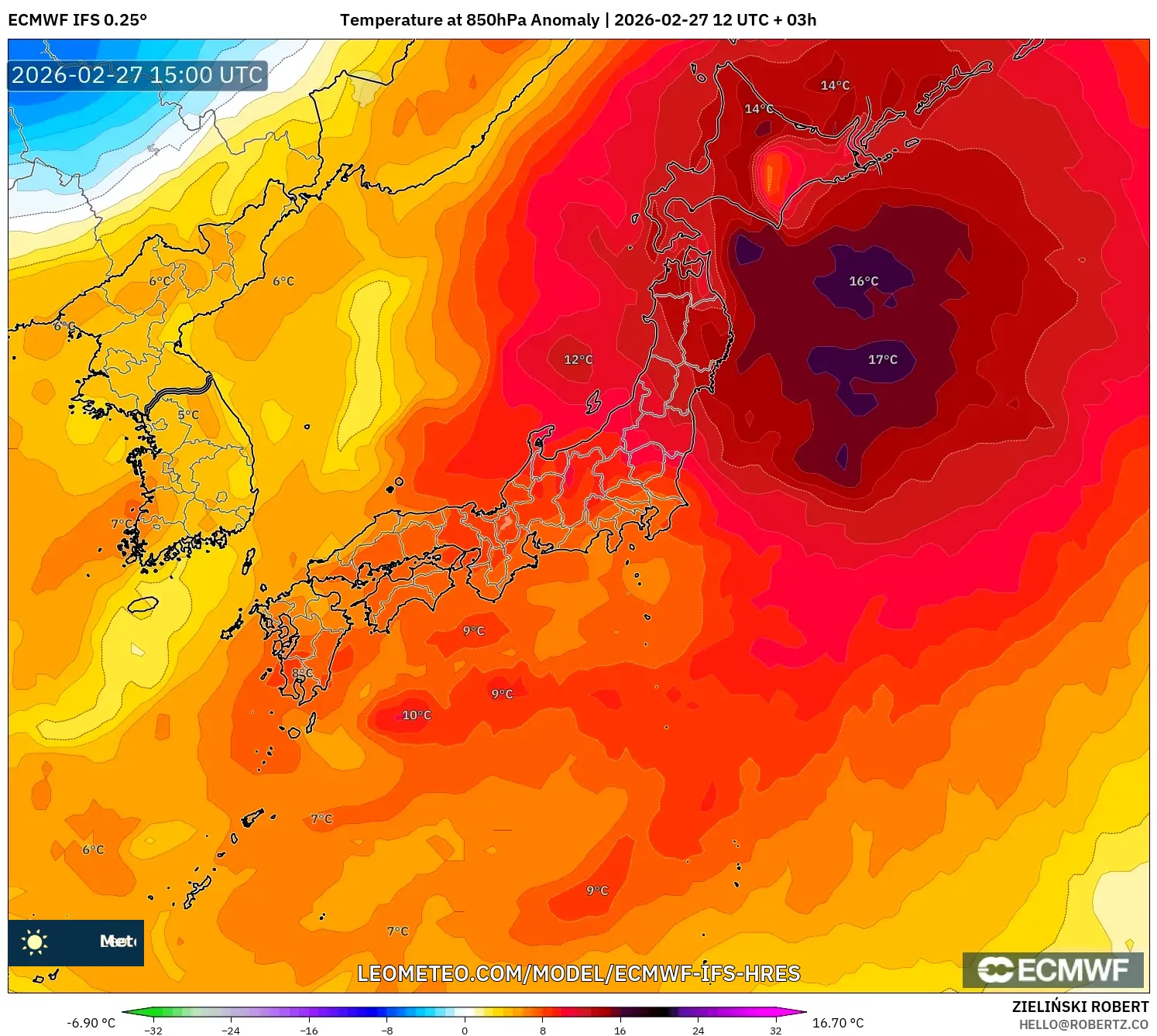 ECMWF IFS 0.25° model - 日本, 気温異常（850hPa）