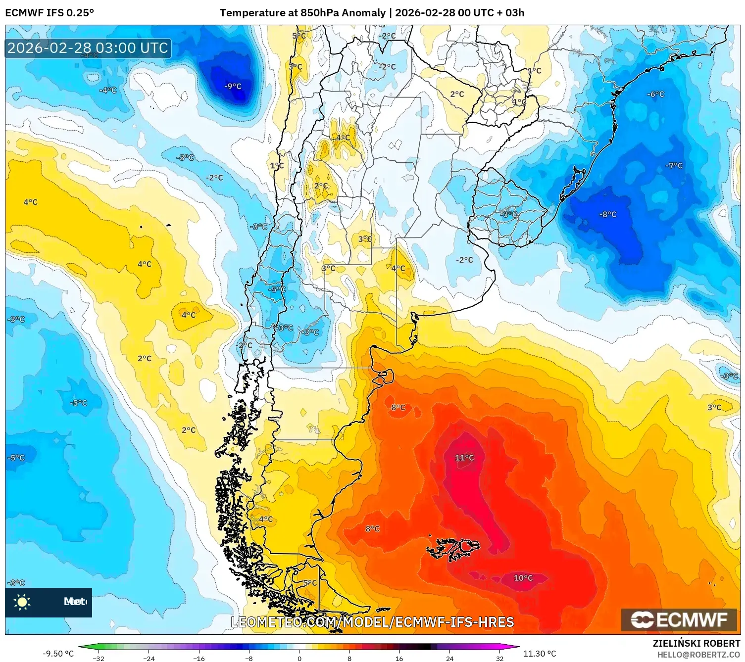ECMWF IFS 0.25° model - アルゼンチン, 気温異常（850hPa）