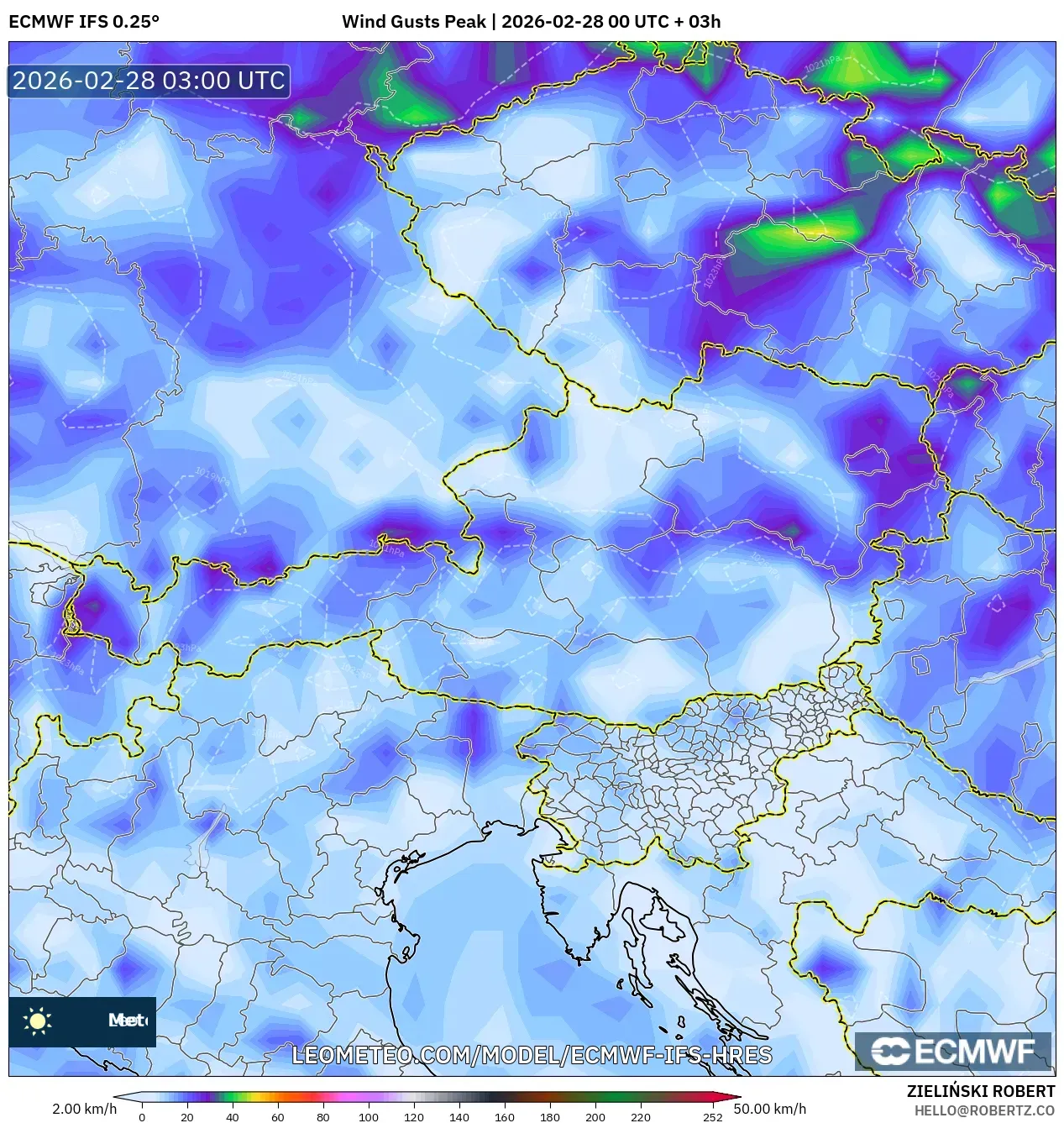 ECMWF IFS 0.25° model - オーストリア, 突風（最大）