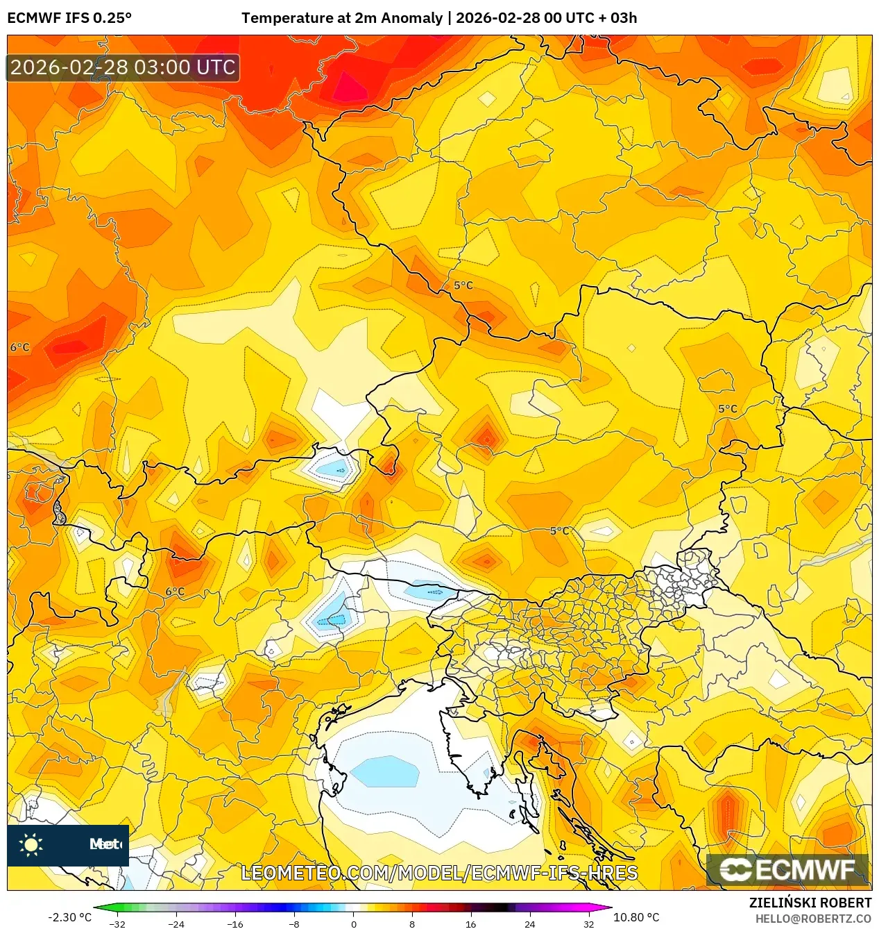 ECMWF IFS 0.25° model - オーストリア, 気温異常（2m）