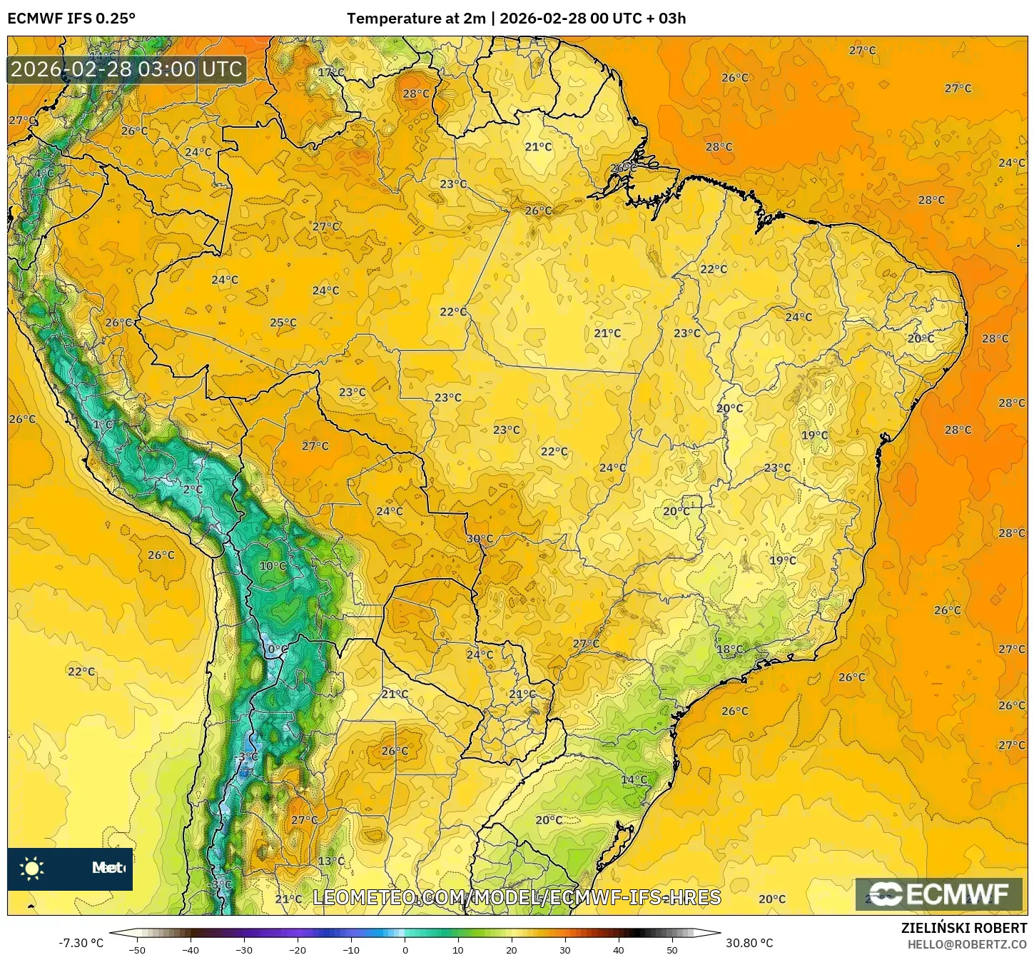 ECMWF IFS 0.25° model - ブラジル, 気温（2m）