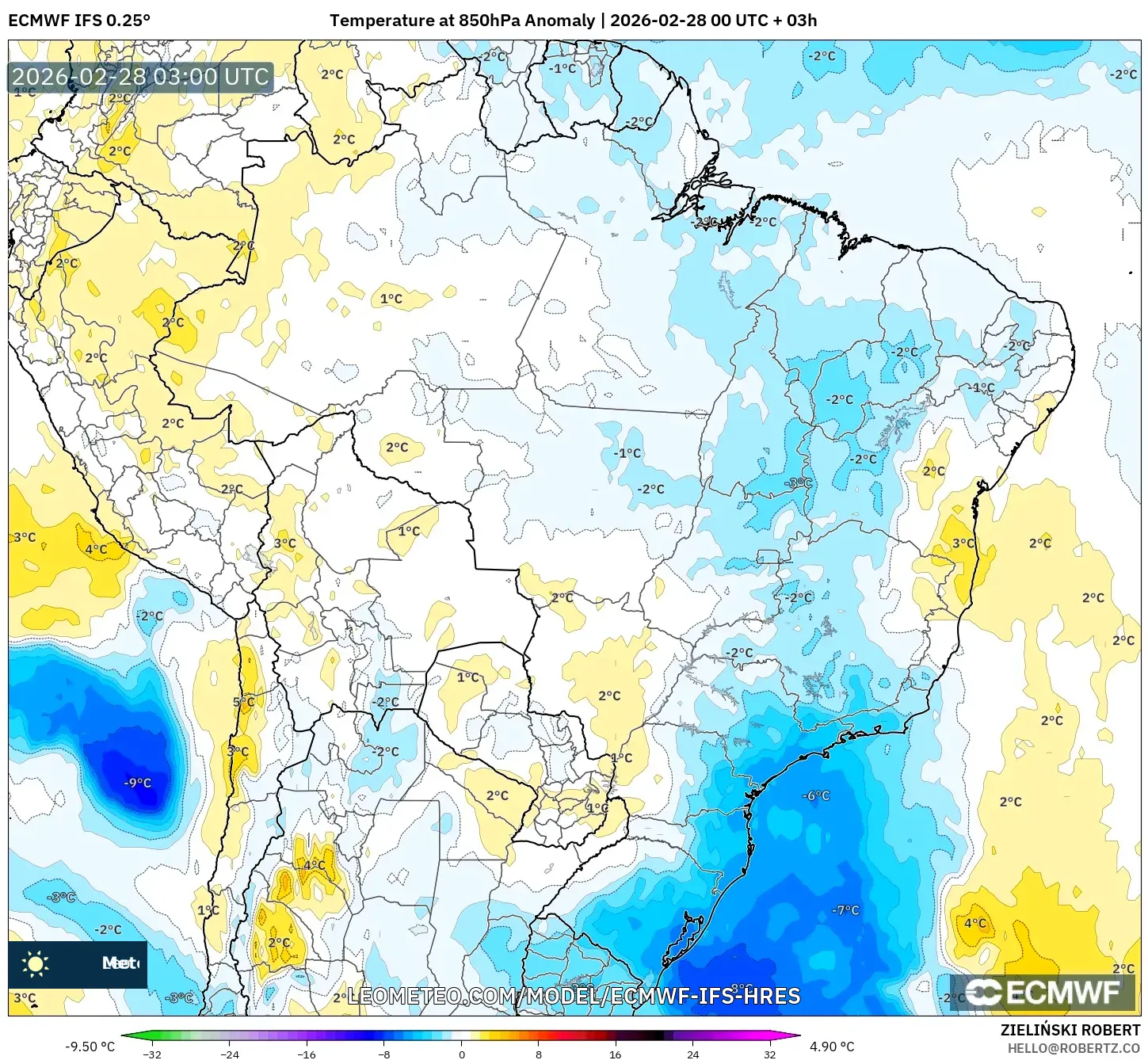 ECMWF IFS 0.25° model - ブラジル, 気温異常（850hPa）