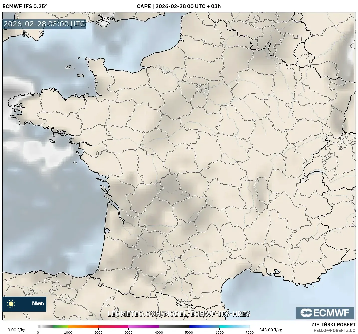 ECMWF IFS 0.25° model - フランス, CAPE