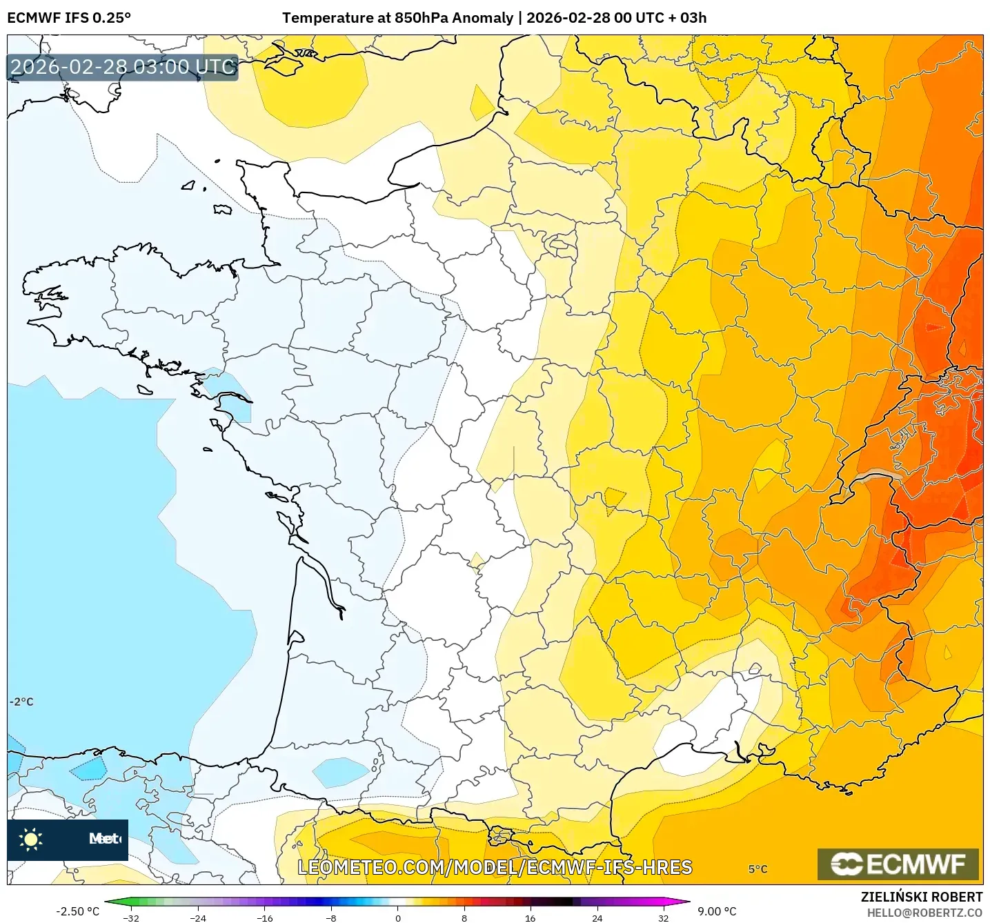 ECMWF IFS 0.25° model - フランス, 気温異常（850hPa）