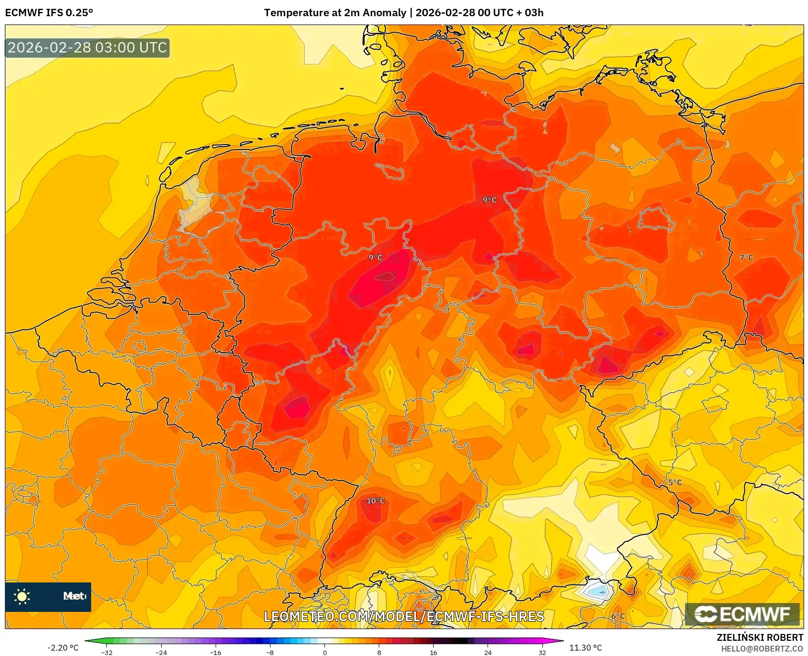 ECMWF IFS 0.25° model - ドイツ, 気温異常（2m）