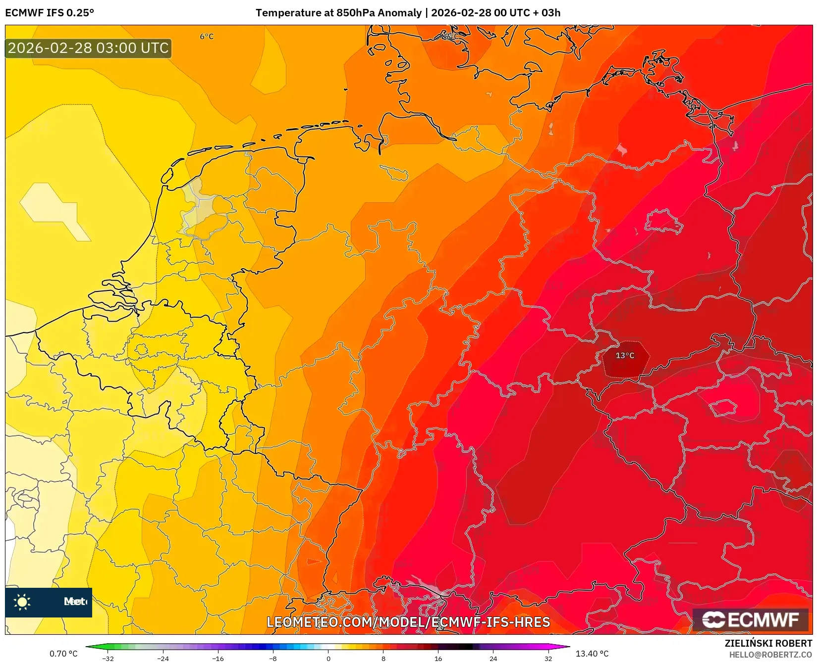 ECMWF IFS 0.25° model - ドイツ, 気温異常（850hPa）