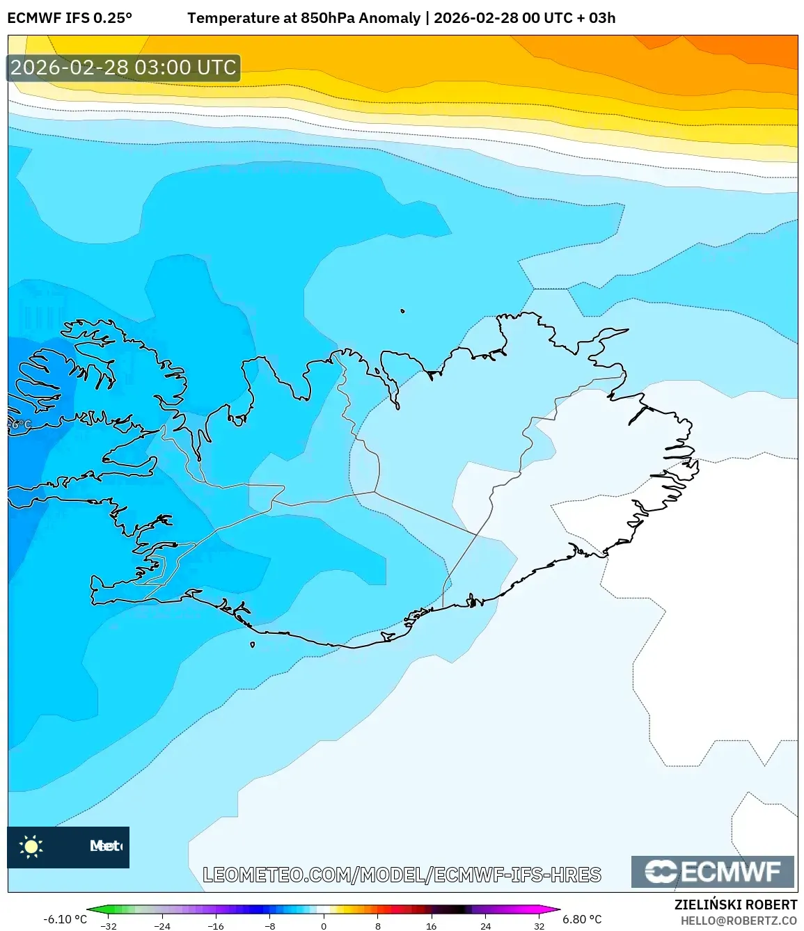 ECMWF IFS 0.25° model - アイスランド, 気温異常（850hPa）