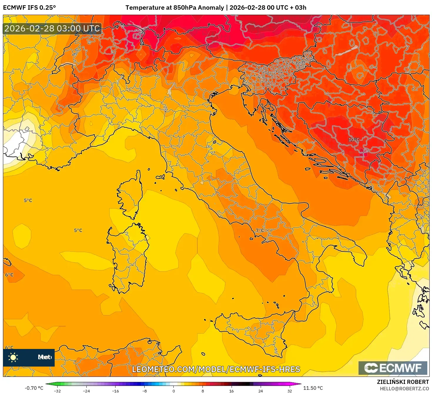 ECMWF IFS 0.25° model - イタリア, 気温異常（850hPa）